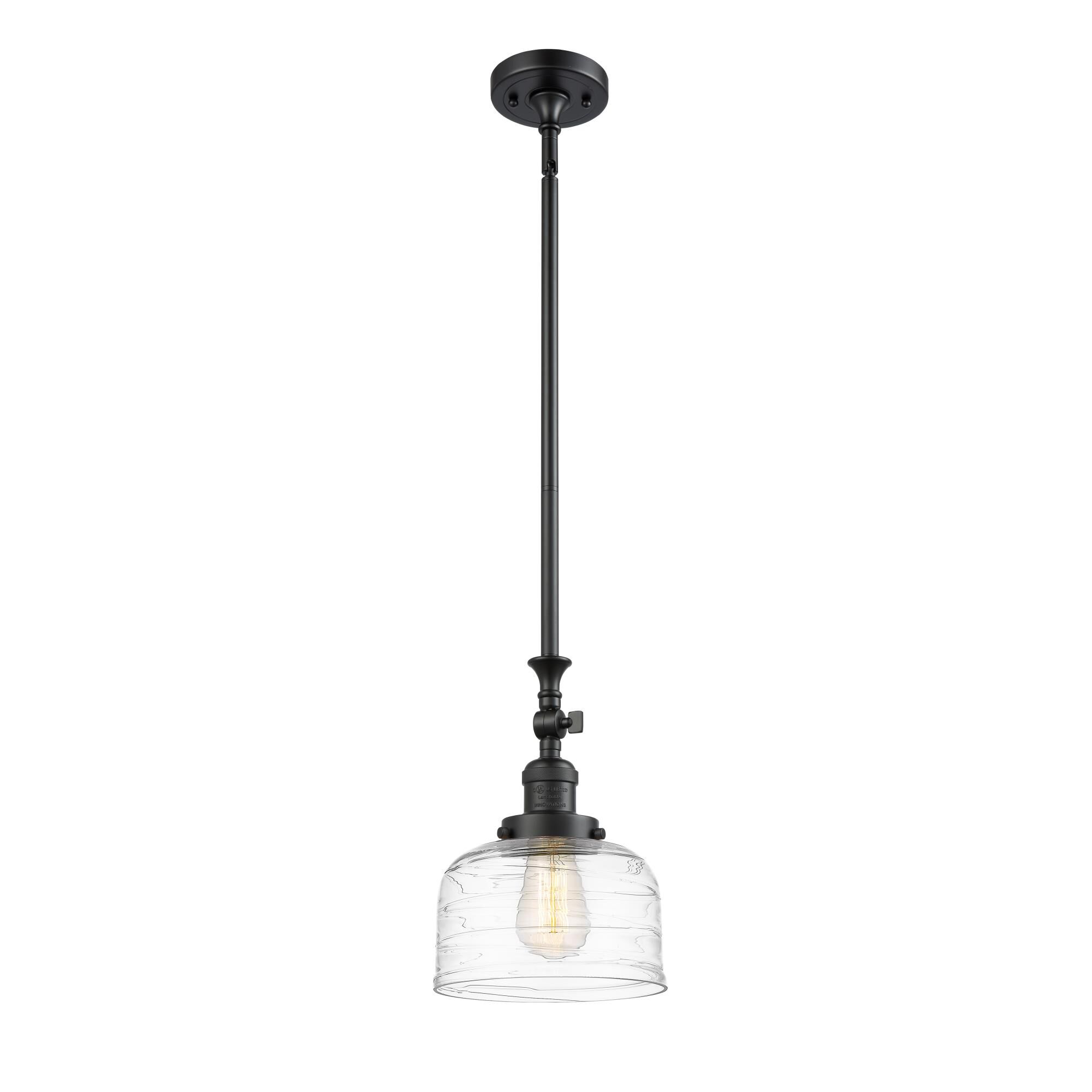 Shown in Matte Black finish and Clear Deco Swirl Large Bell glass