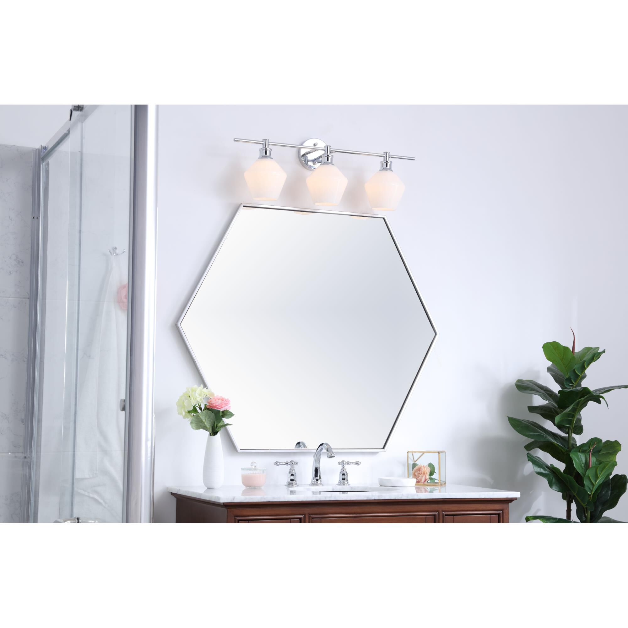 Shown in Chrome finish and Frosted White  glass