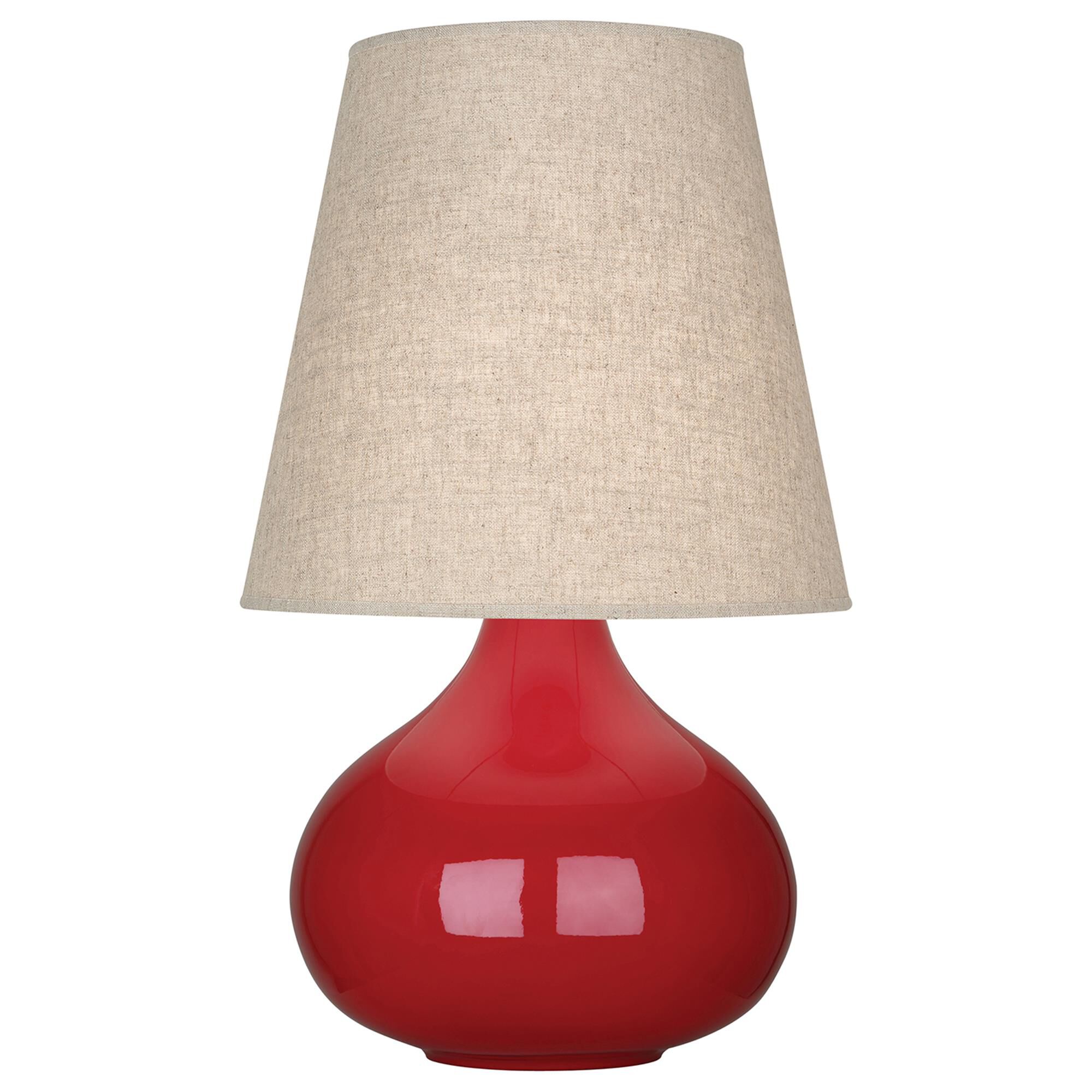 Shown in Ruby Red Glazed Ceramic finish and Buff Linen shade