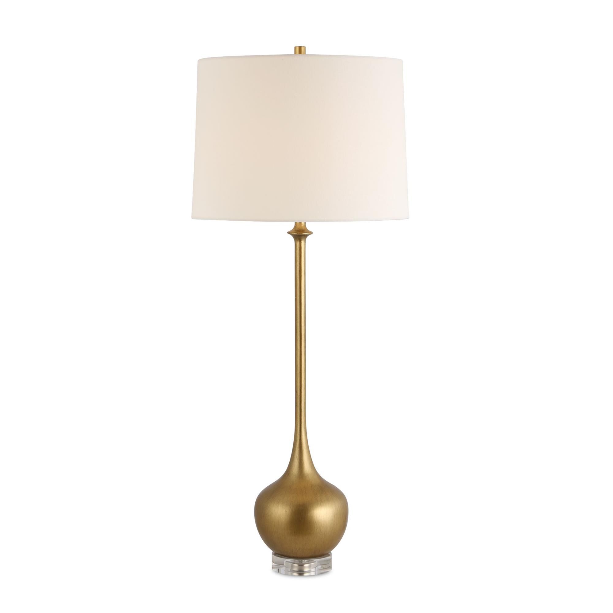 Shown in Brass, Gold finish and Taper Hardback shade
