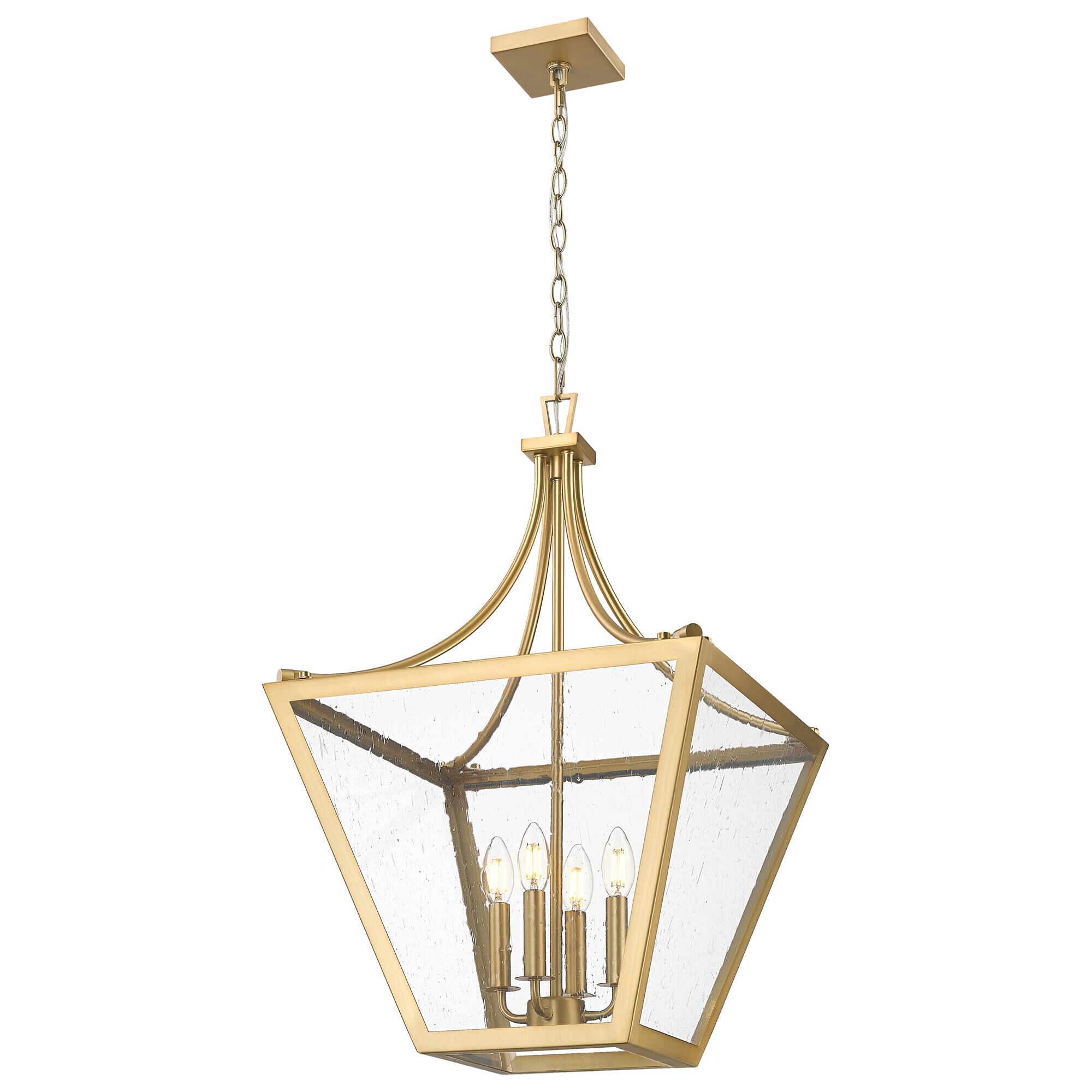 Shown in Rubbed Brass finish and Clear Seedy glass