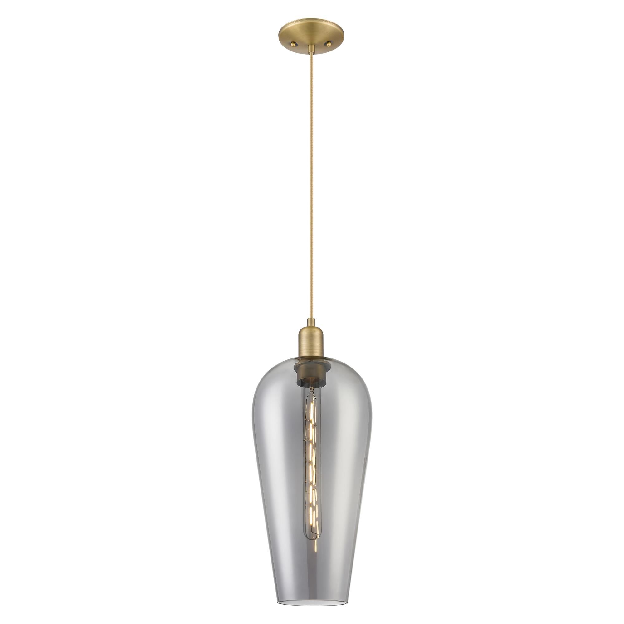 Shown in Brushed Brass finish and Light Smoke Deco Swirl glass