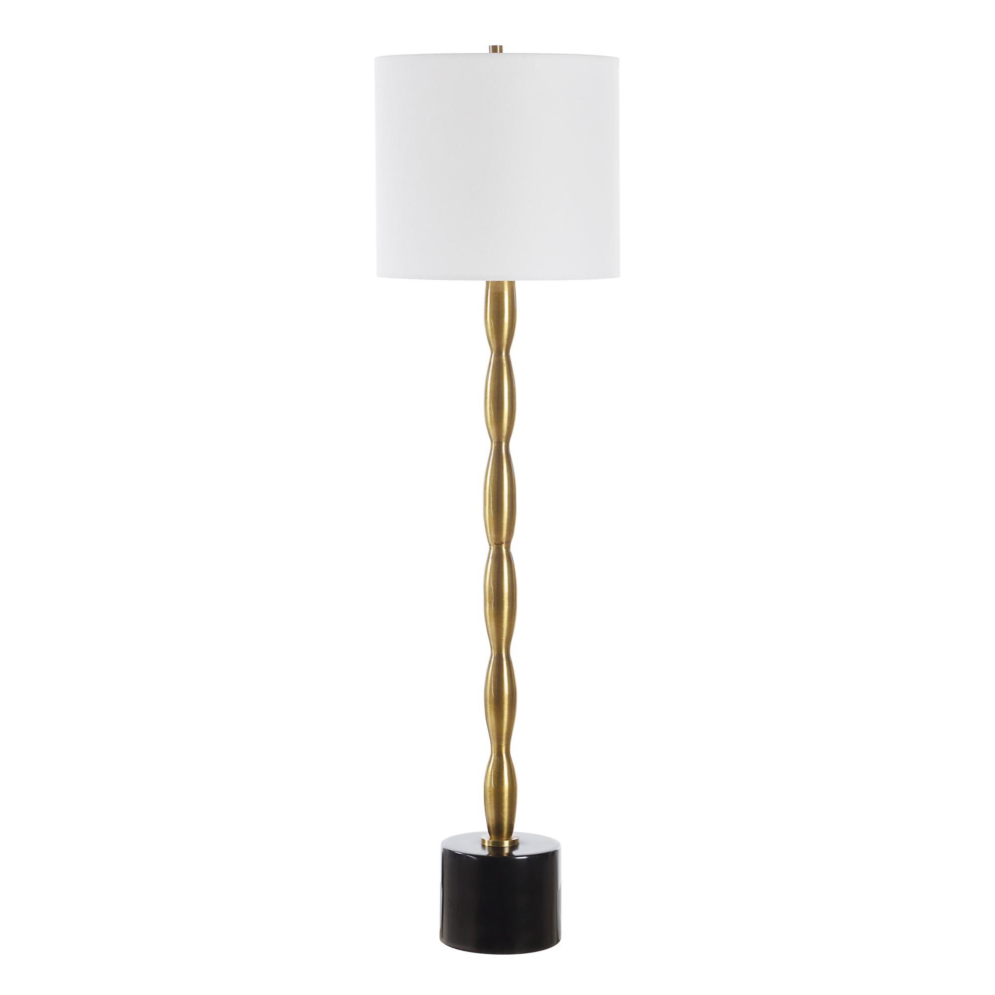 Shown in Black and Brass finish and Round Drum Hardback shade
