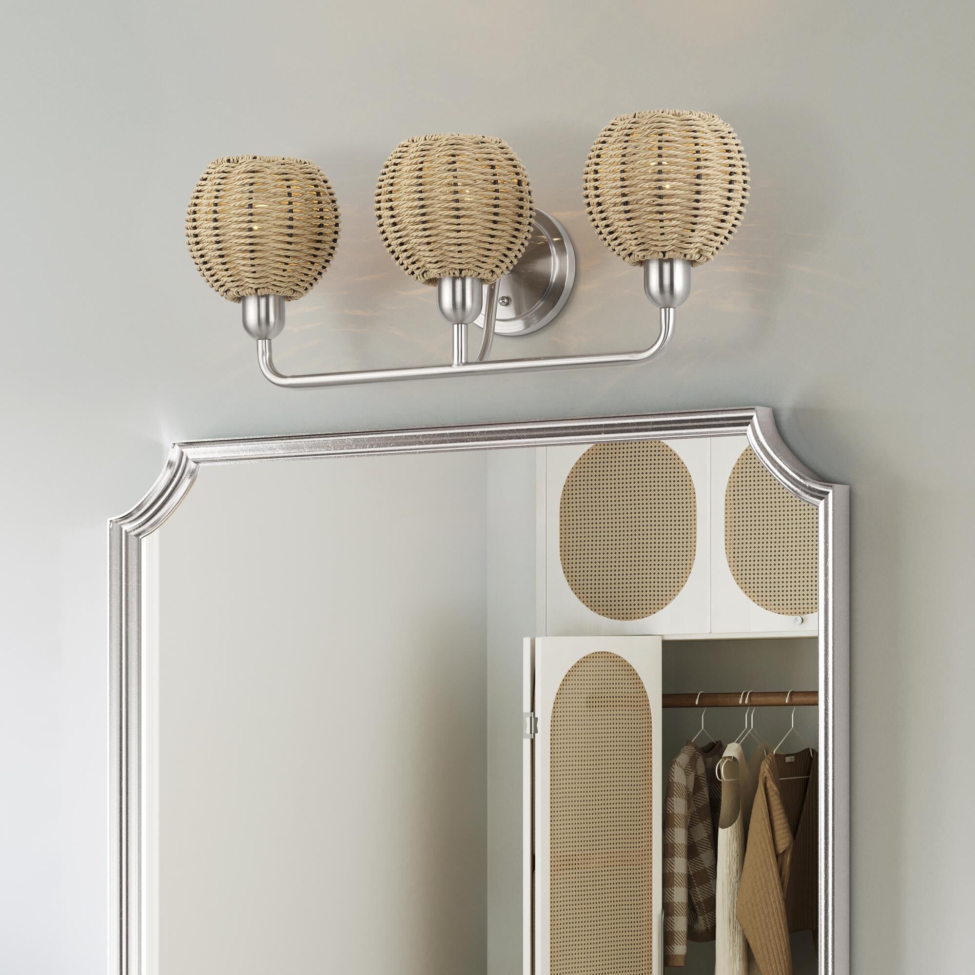 Shown in Brushed Nickel finish and Hand-Woven French Beige Paper Rope shade