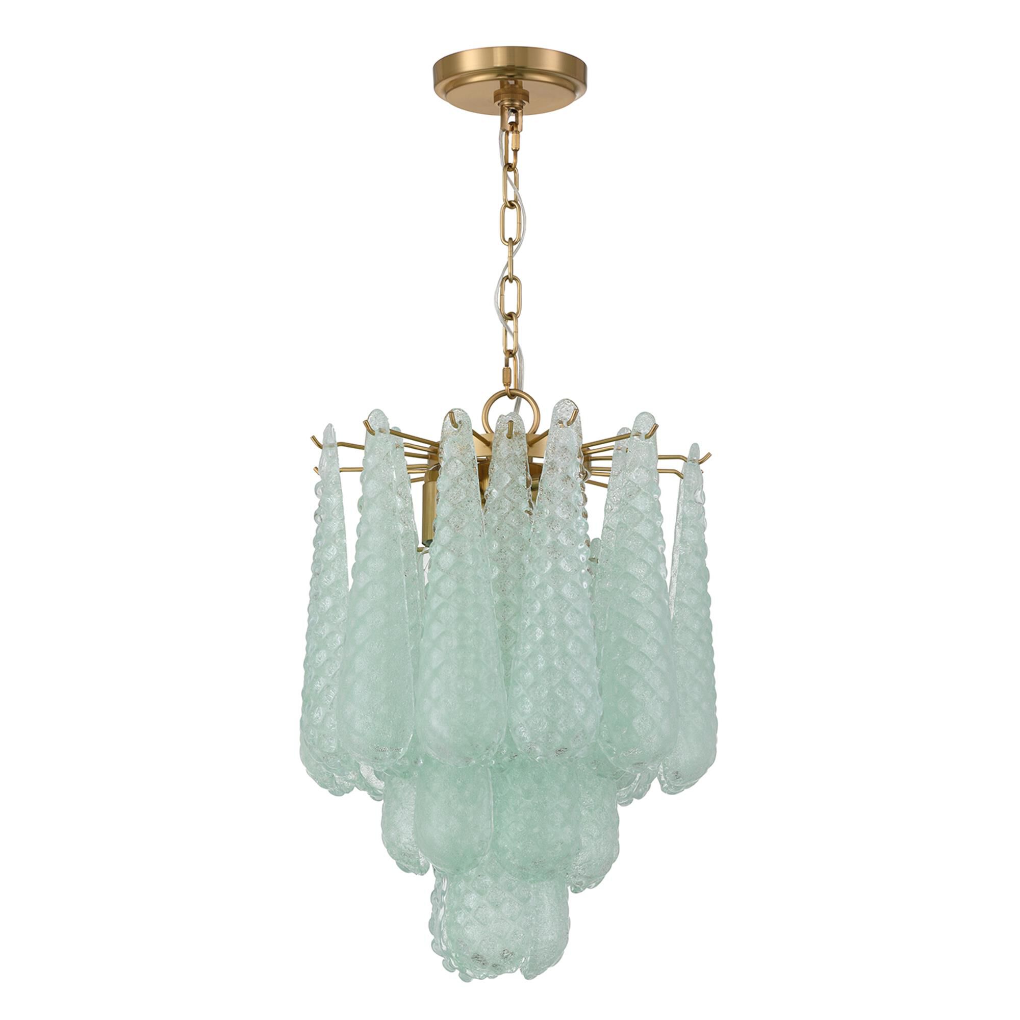 Shown in Aged Brass finish and Sand Green glass