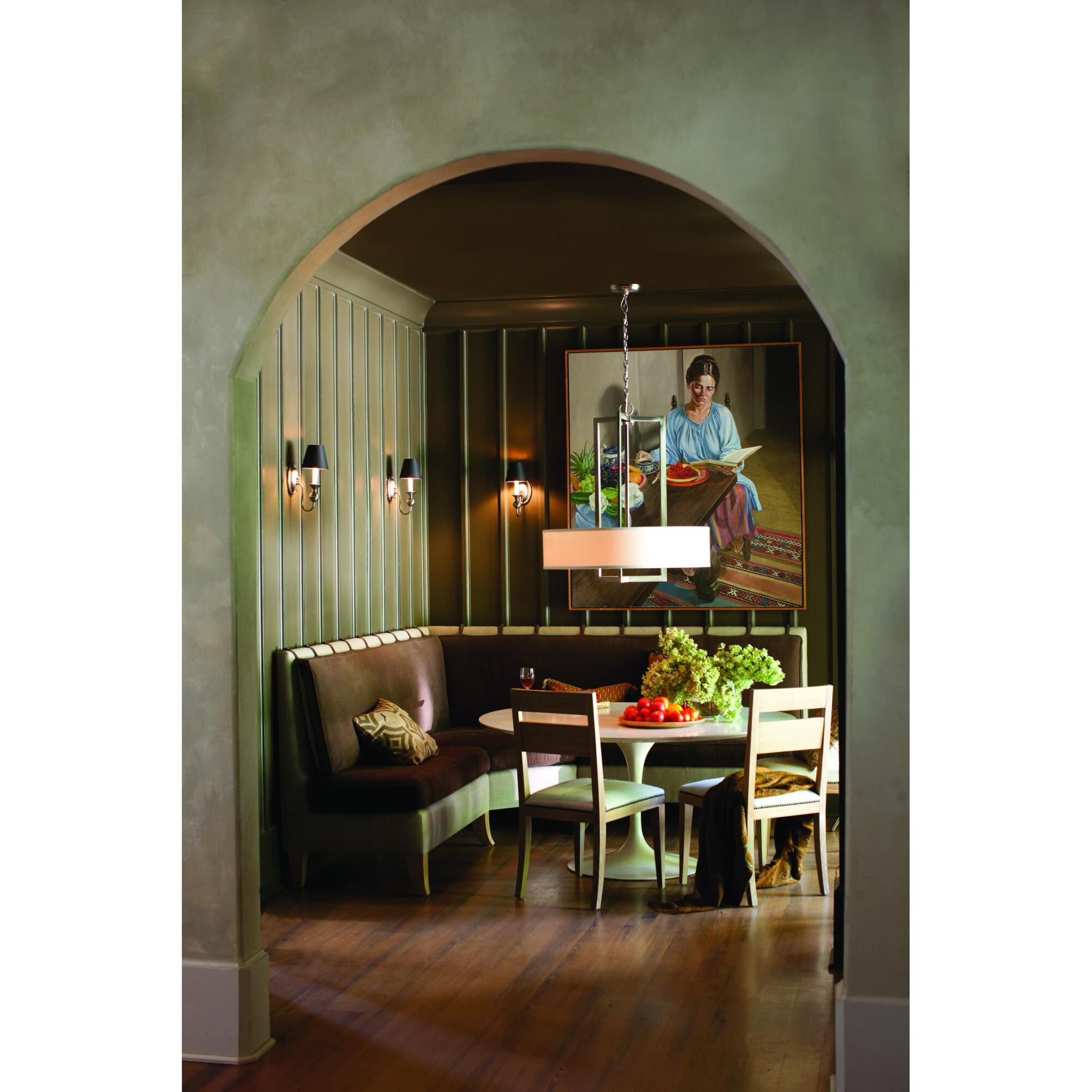 Shown in Antique Nickel finish and Off-White Linen Hardback shade