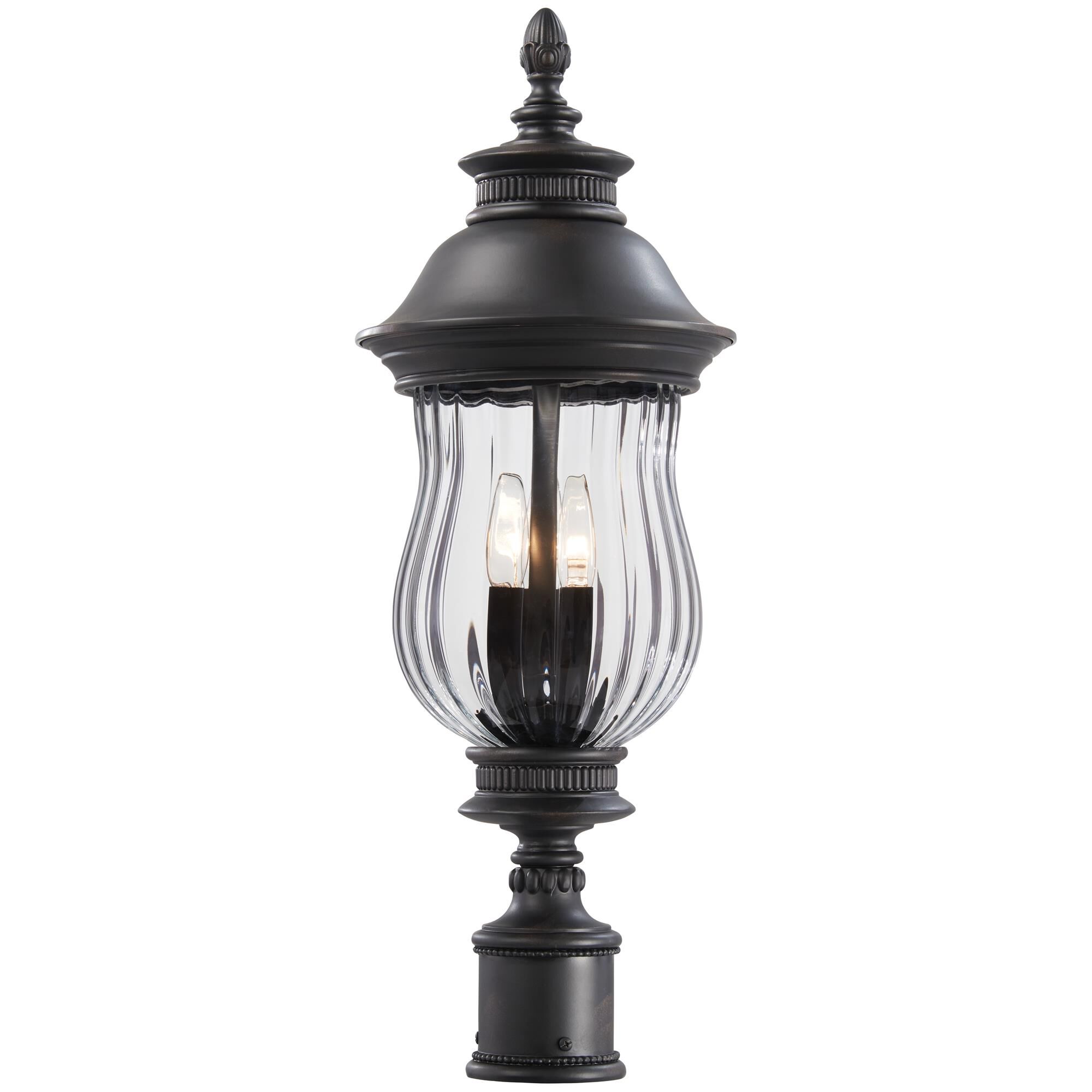 Shown in Heritage finish and Mouth Blown Clear glass and Optic Glass shade