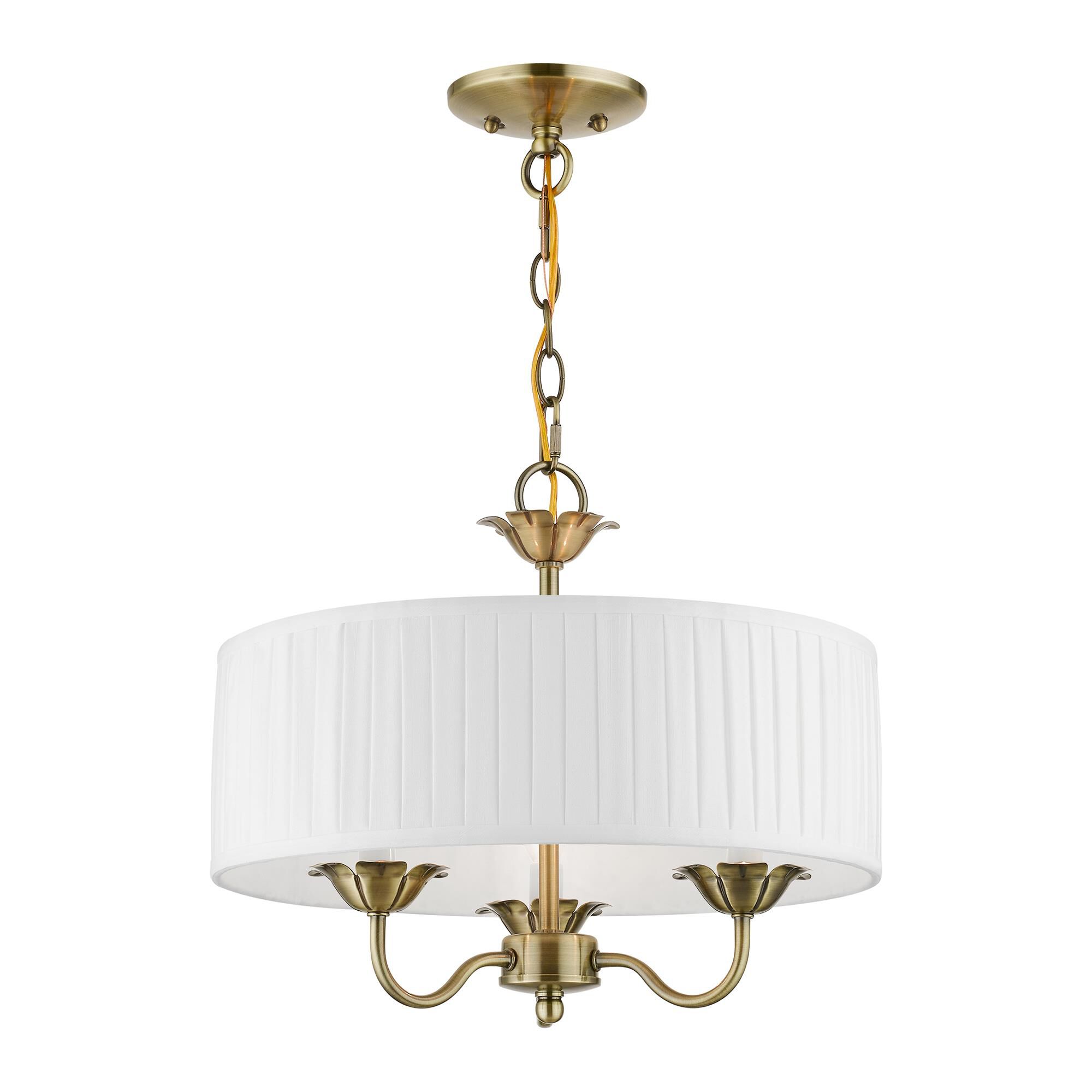 Shown in Antique Brass finish and Off-White Fabric Hardback with White Fabric Inside shade