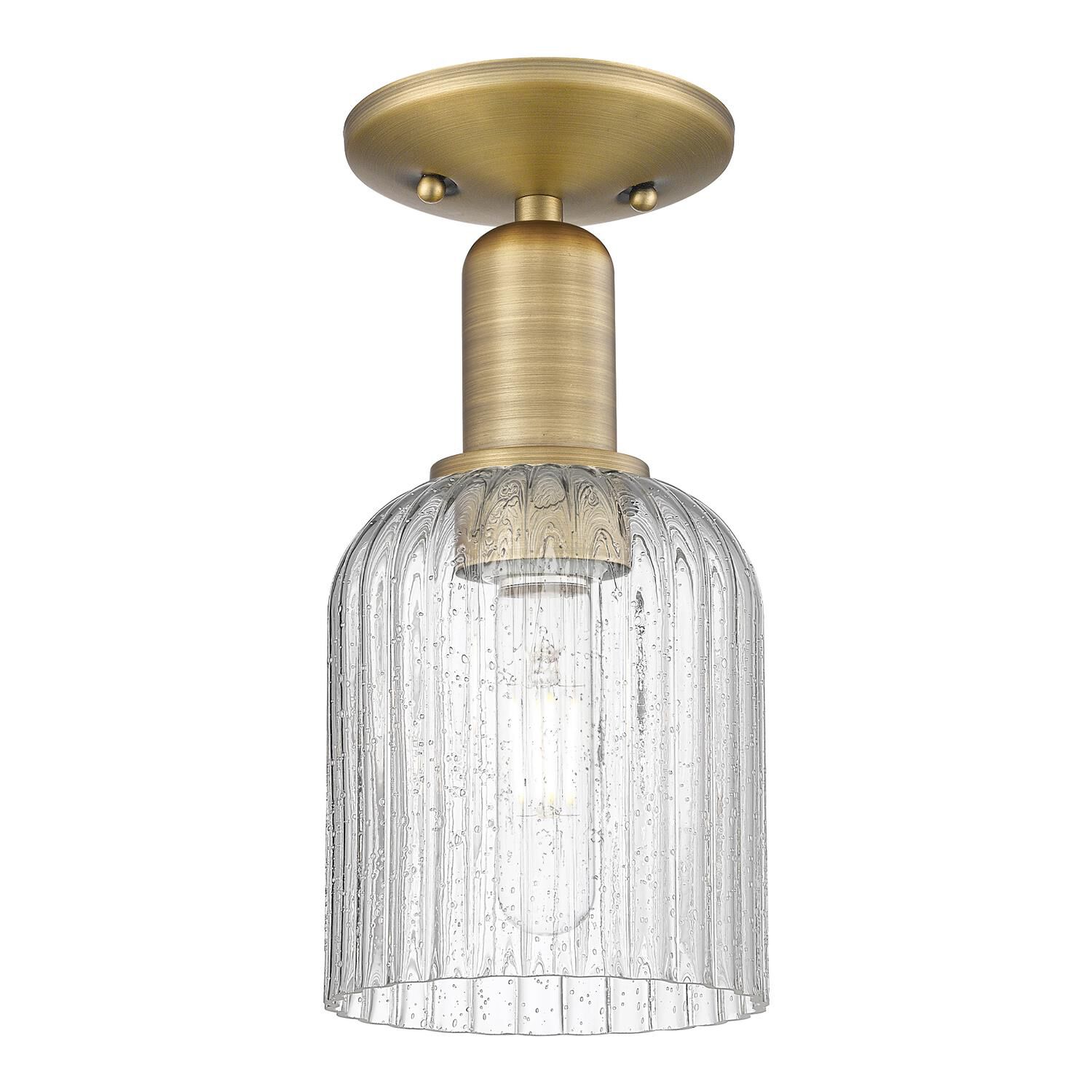 Shown in Brushed Brass finish and Seedy glass