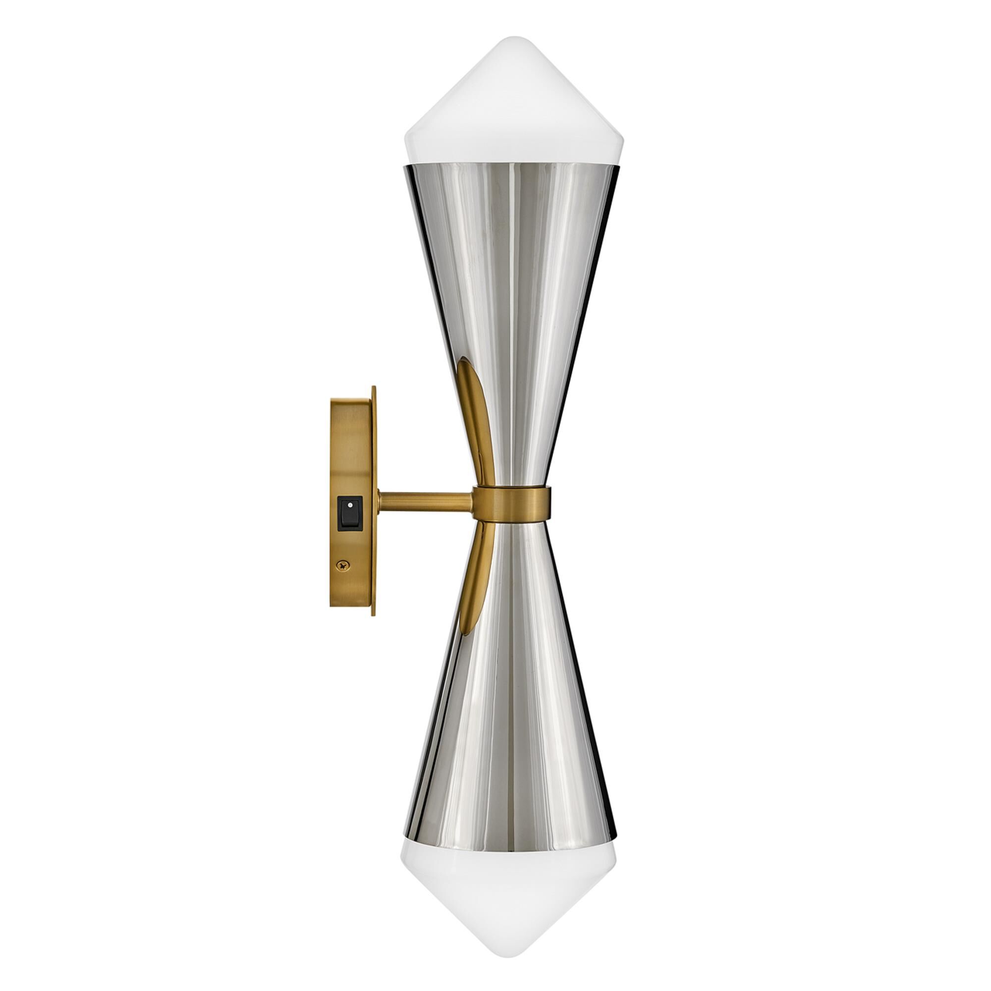 Shown in Polished Nickel finish and Cased Opal White glass and Lacquered Brass accent