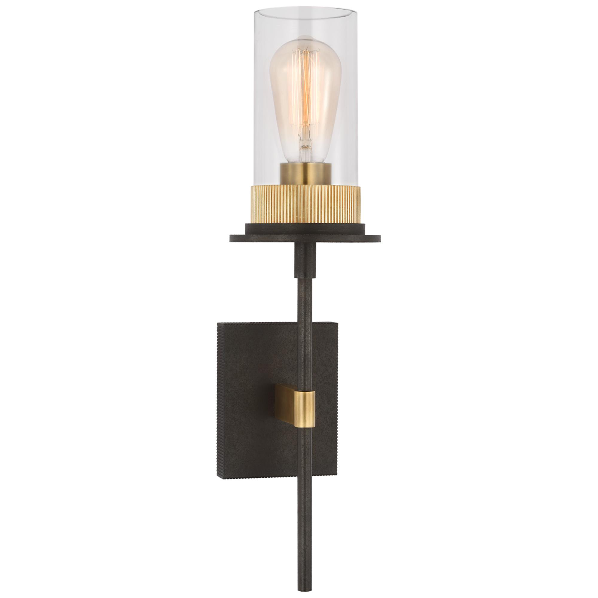 Shown in Warm Iron and Antique Brass finish and Clear glass