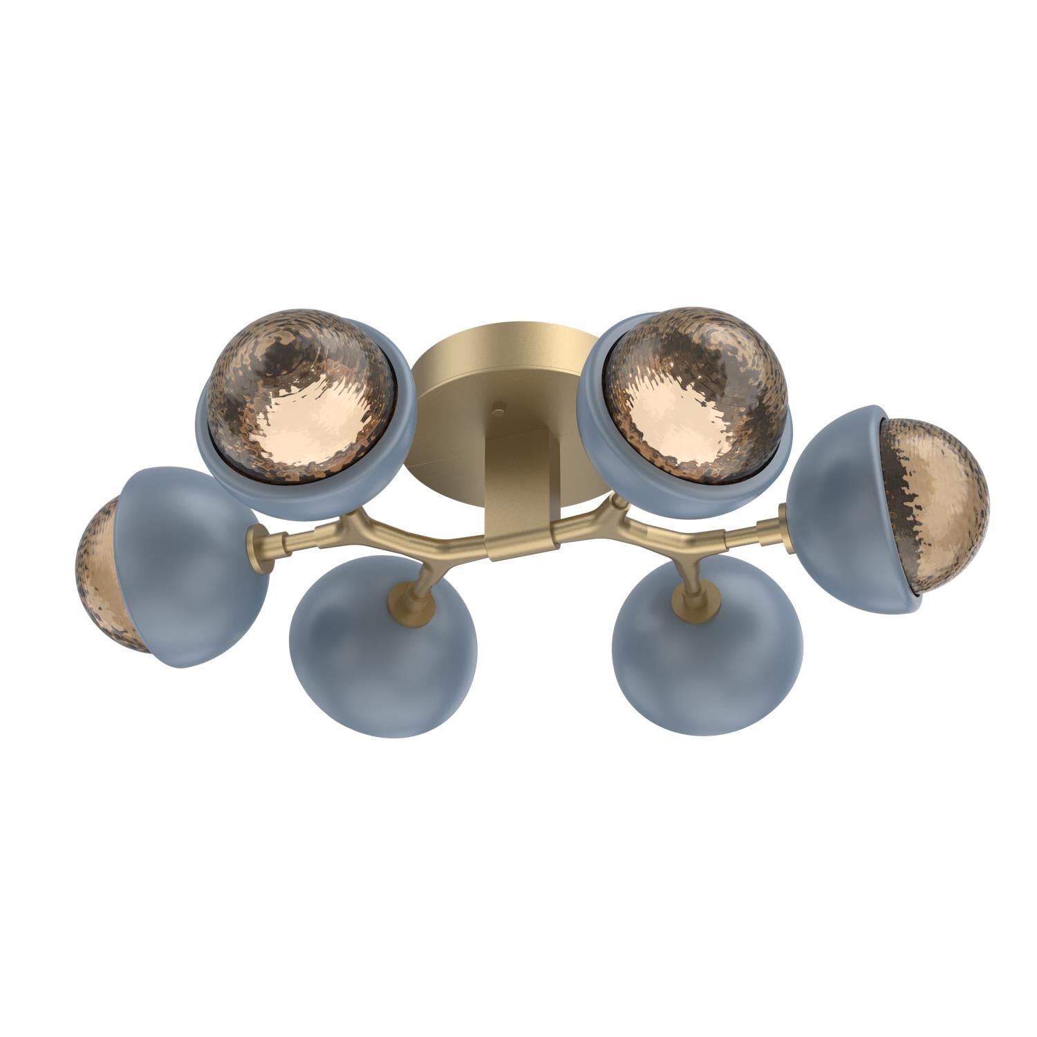 Shown in Gilded Brass finish and Bronze glass and Poppy Blue accent