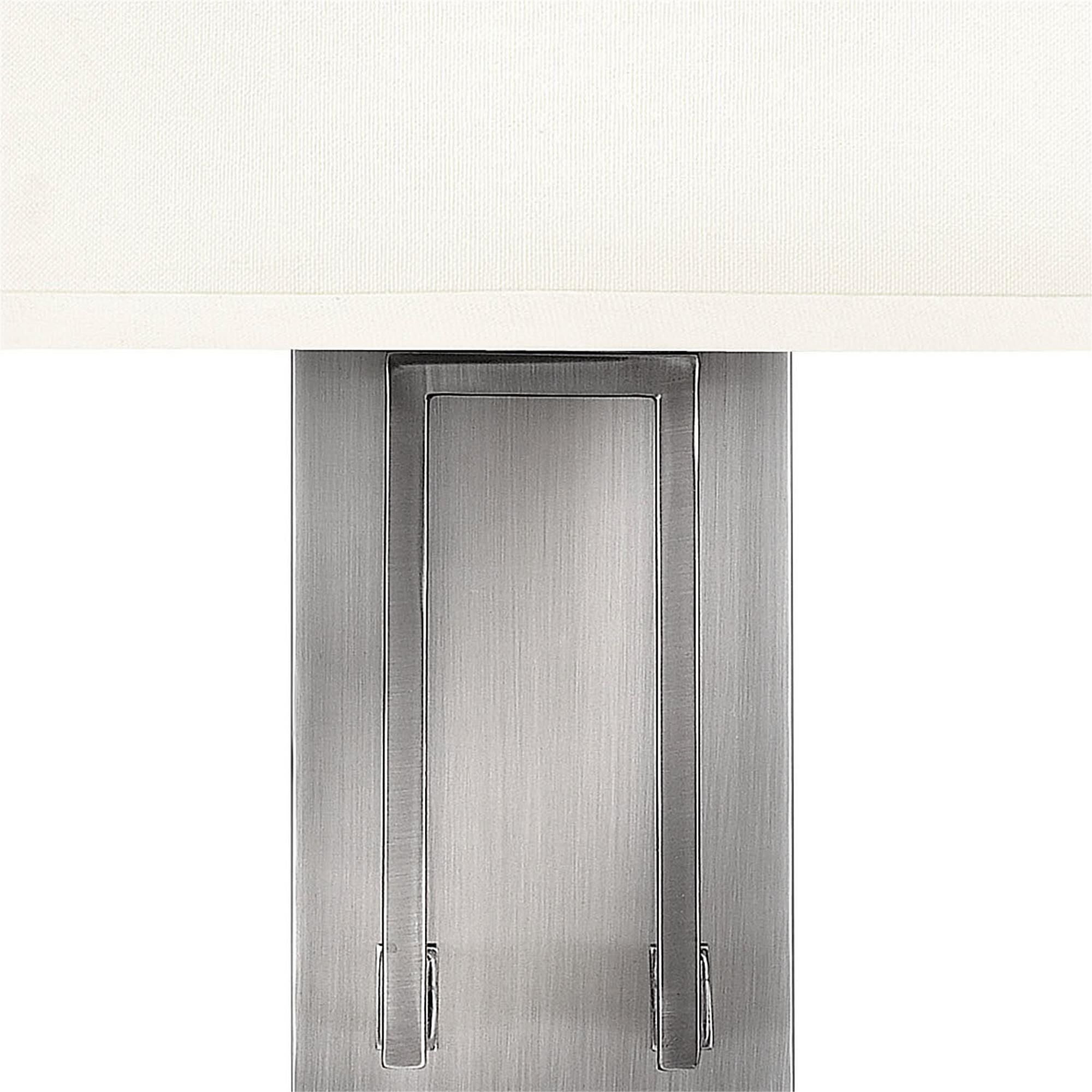 Shown in Antique Nickel finish and Off-White Linen Hardback shade