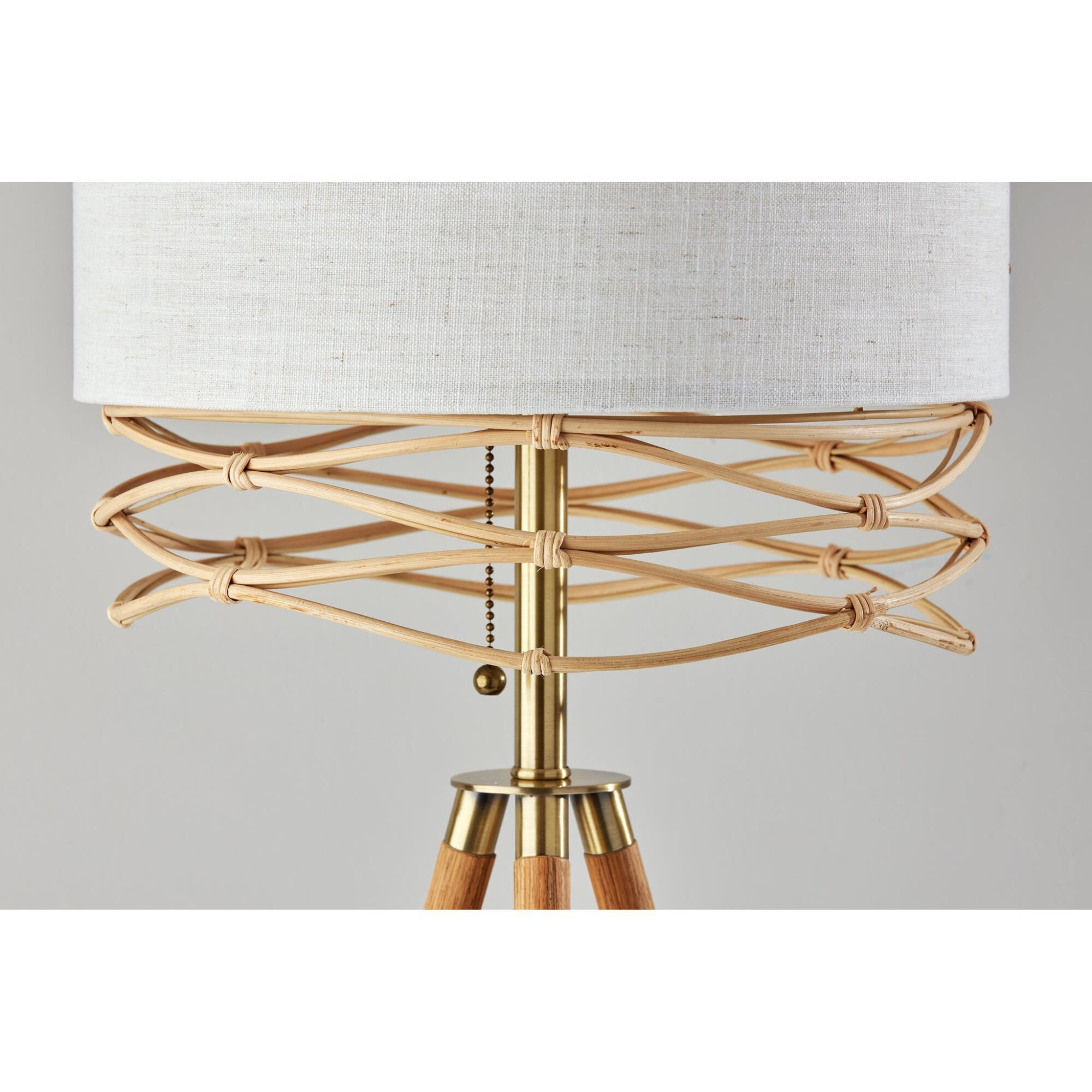 Shown in Natural Wood Veneer & Antique Brass Accents finish and White Textured Fabric shade