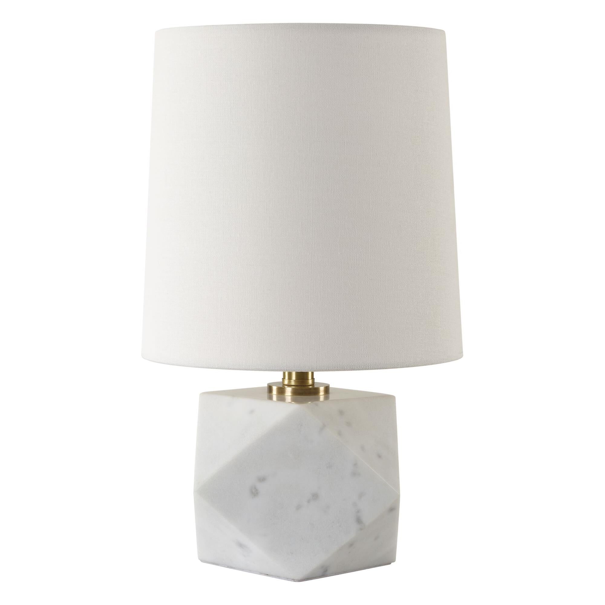 Shown in Featuring A Faceted Design, A Cut Above Table Lamp Is Crafted From White Marble With Subtle Veining  finish and Round Hardback shade