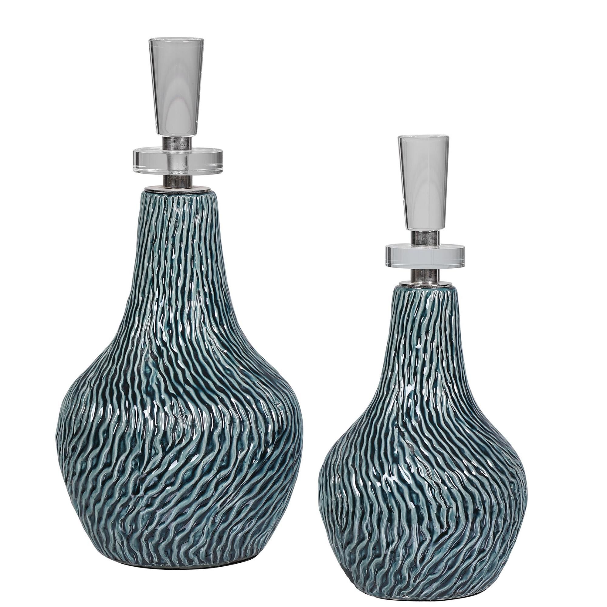 Shown in Set Of Two Ceramic Bottles Feature An Organic Textured Finish In A Distressed Dark Teal Glaze, Paire finish