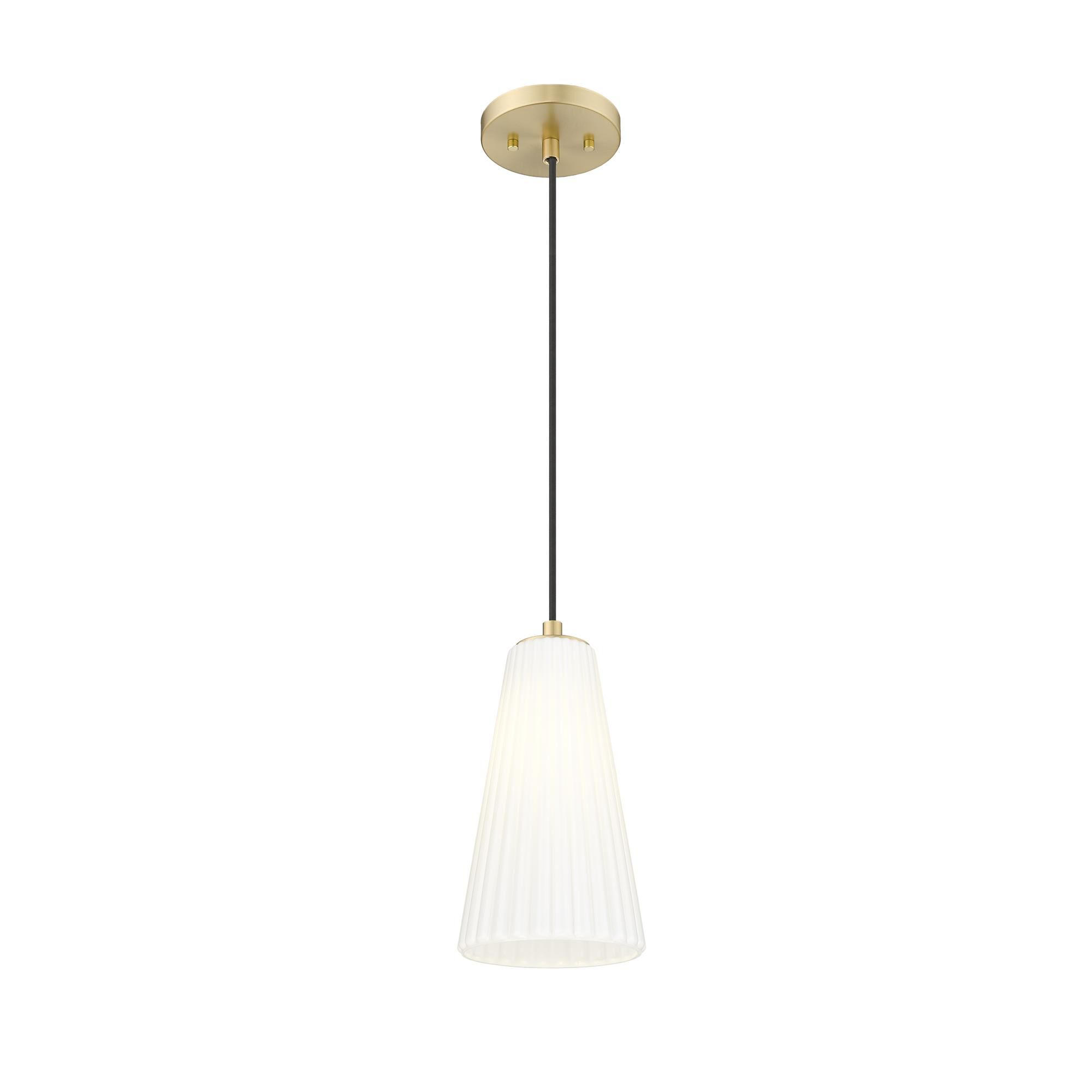 Shown in Modern Gold finish and White glass and White shade