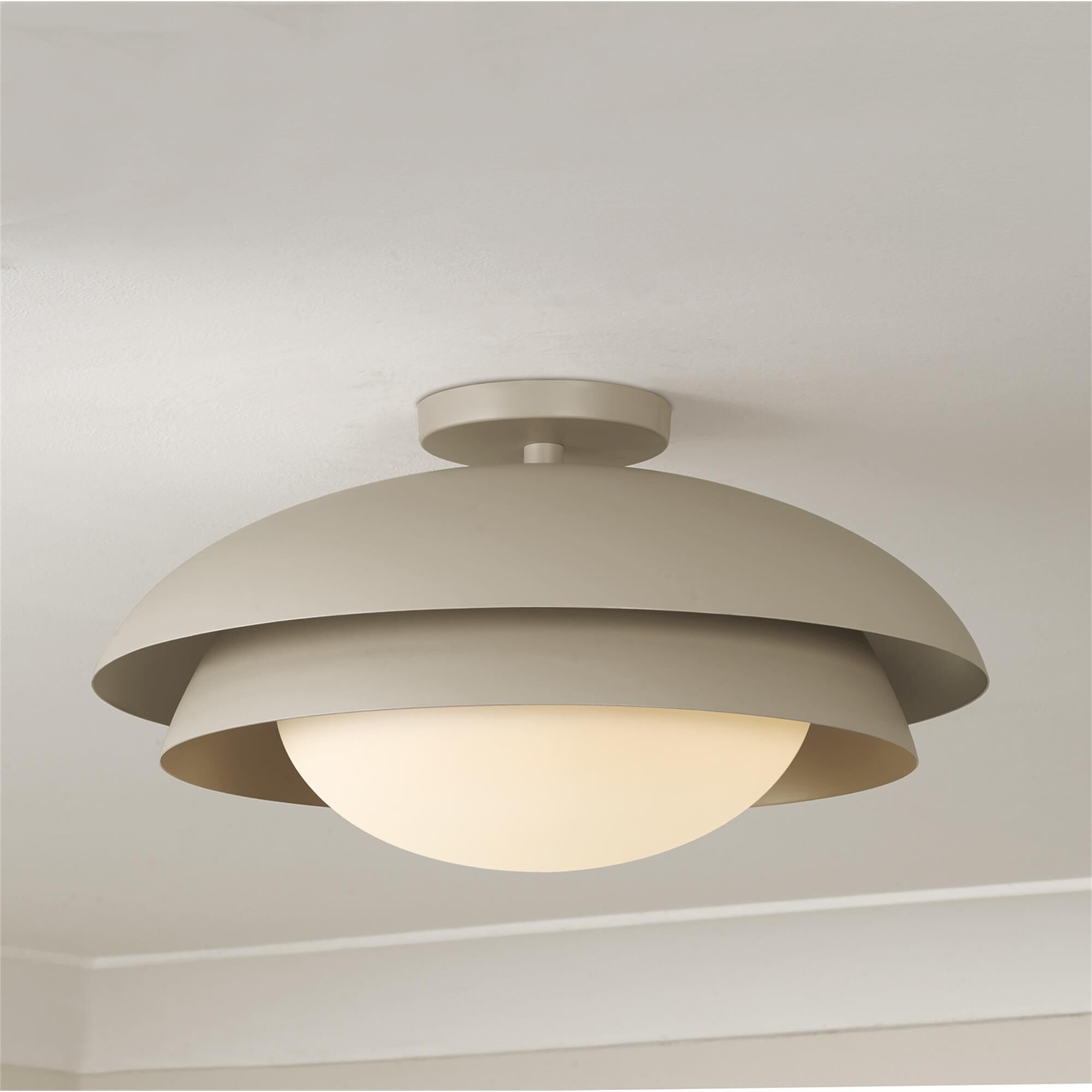 Shown in Taupe finish and Soft White glass and Taupe Metal shade