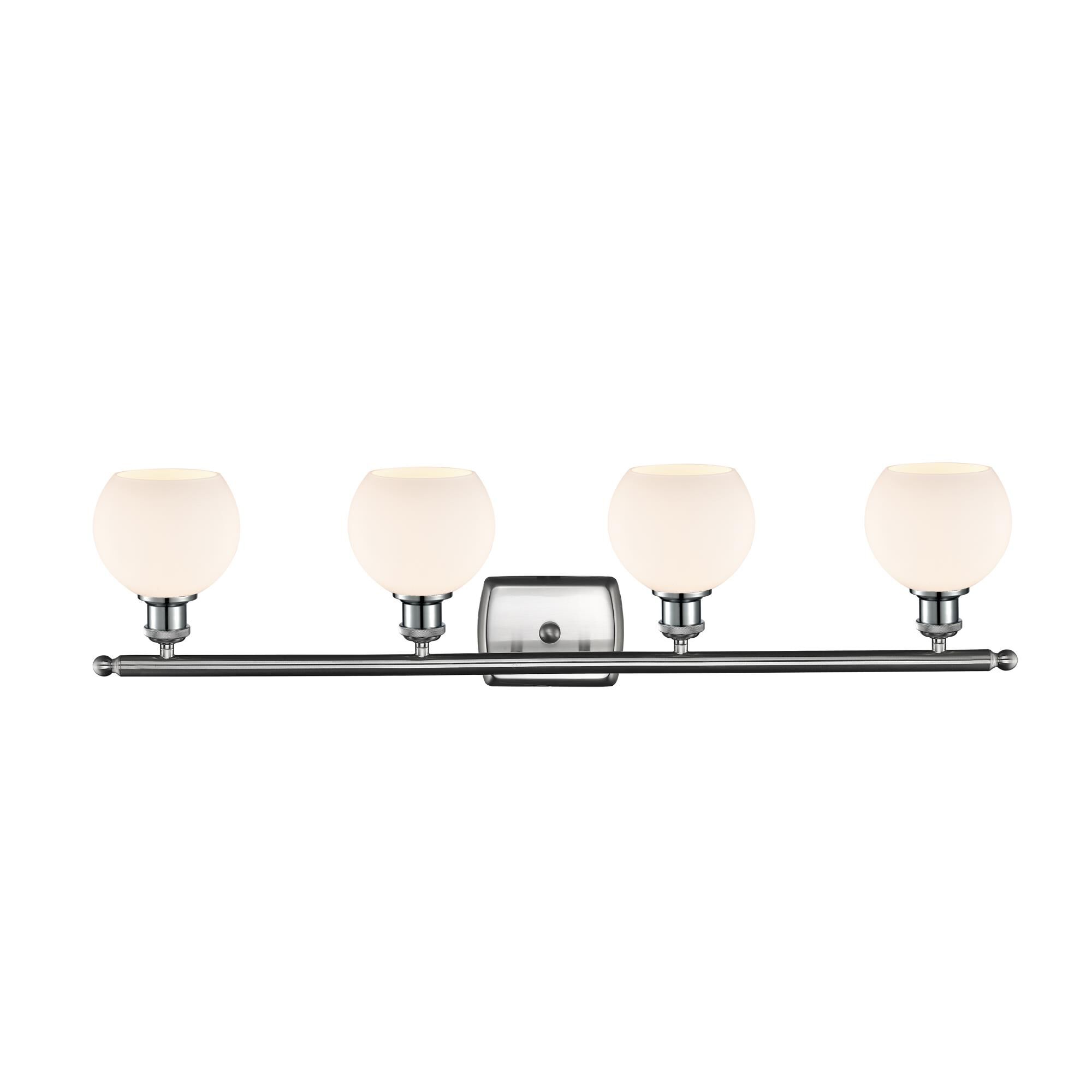 Shown in Brushed Satin Nickel finish and Cased Matte White Athens glass and No Shade shade