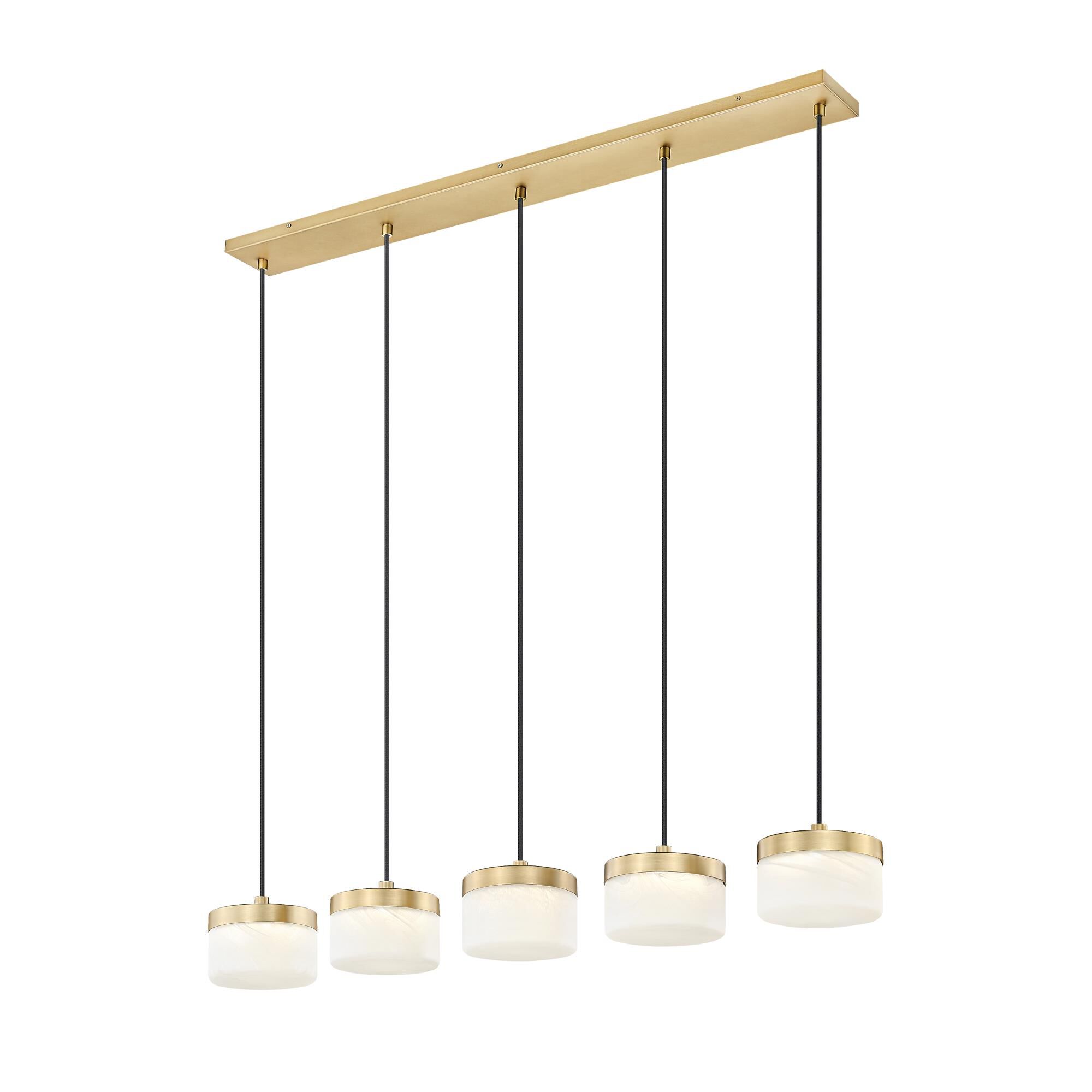 Shown in Modern Gold finish and Feathered White glass