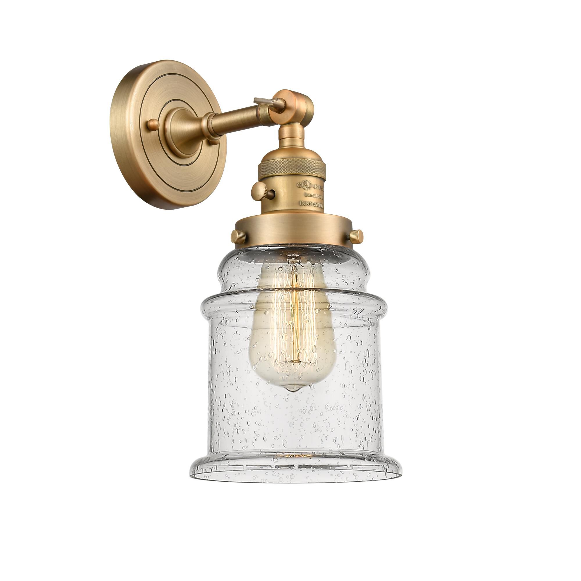 Shown in Brushed Brass finish and Seedy glass and Switch on Socket accent