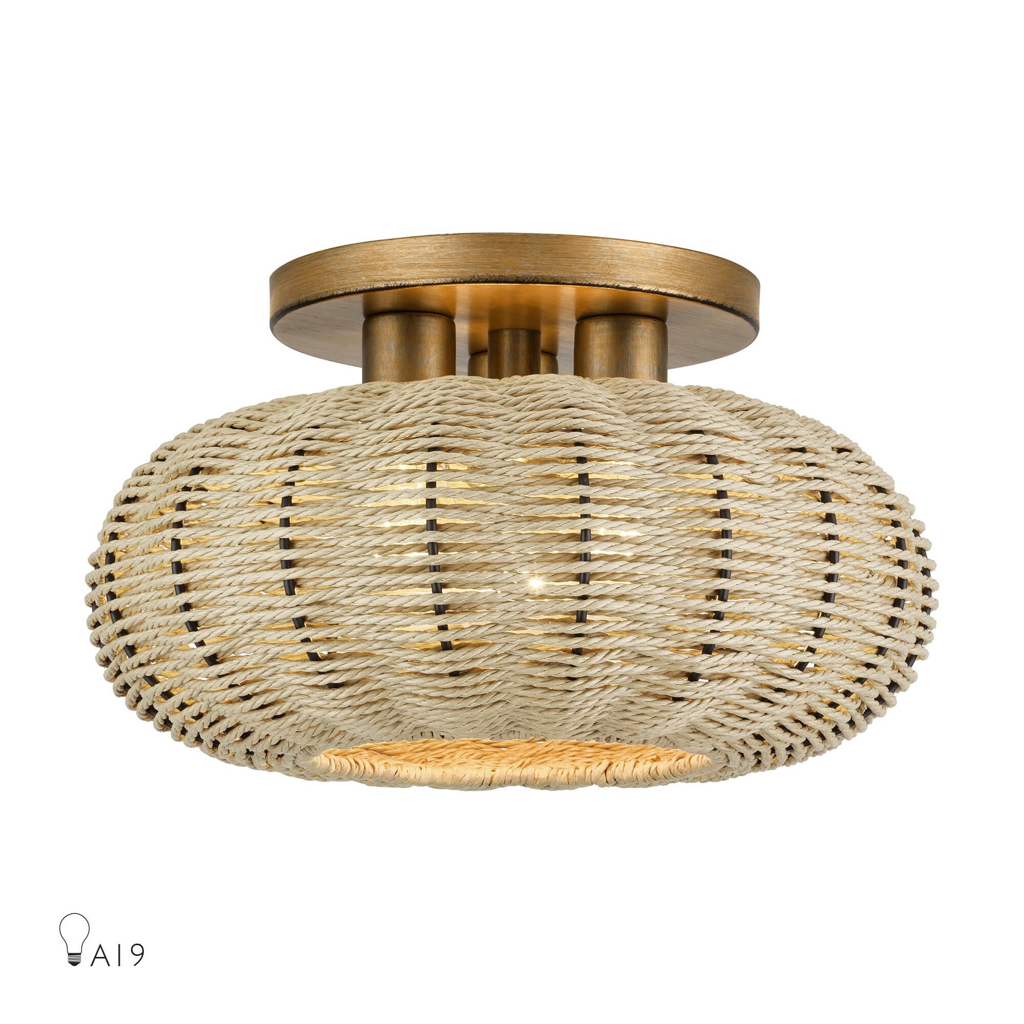 Shown in Antique Gold Leaf finish and Hand-Woven French Beige Paper Rope shade
