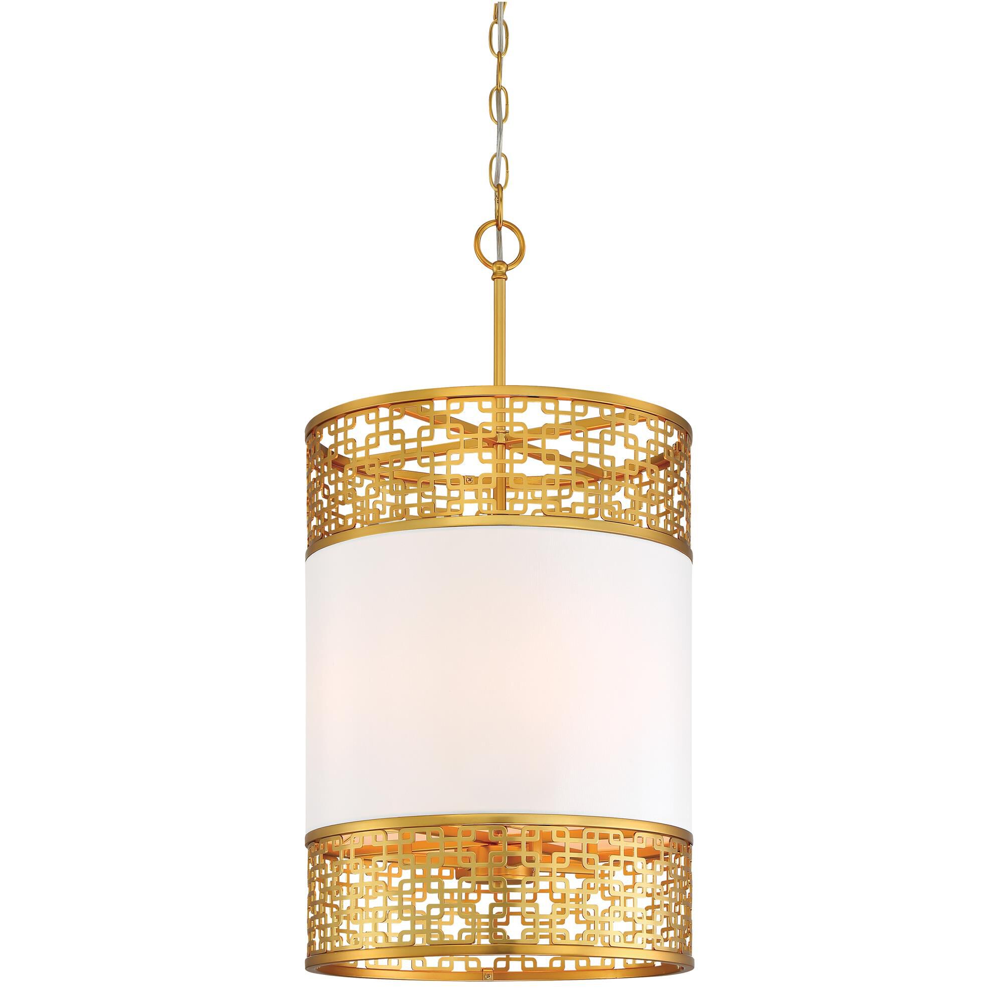 Shown in Honey Gold finish and White glass and Fabric shade