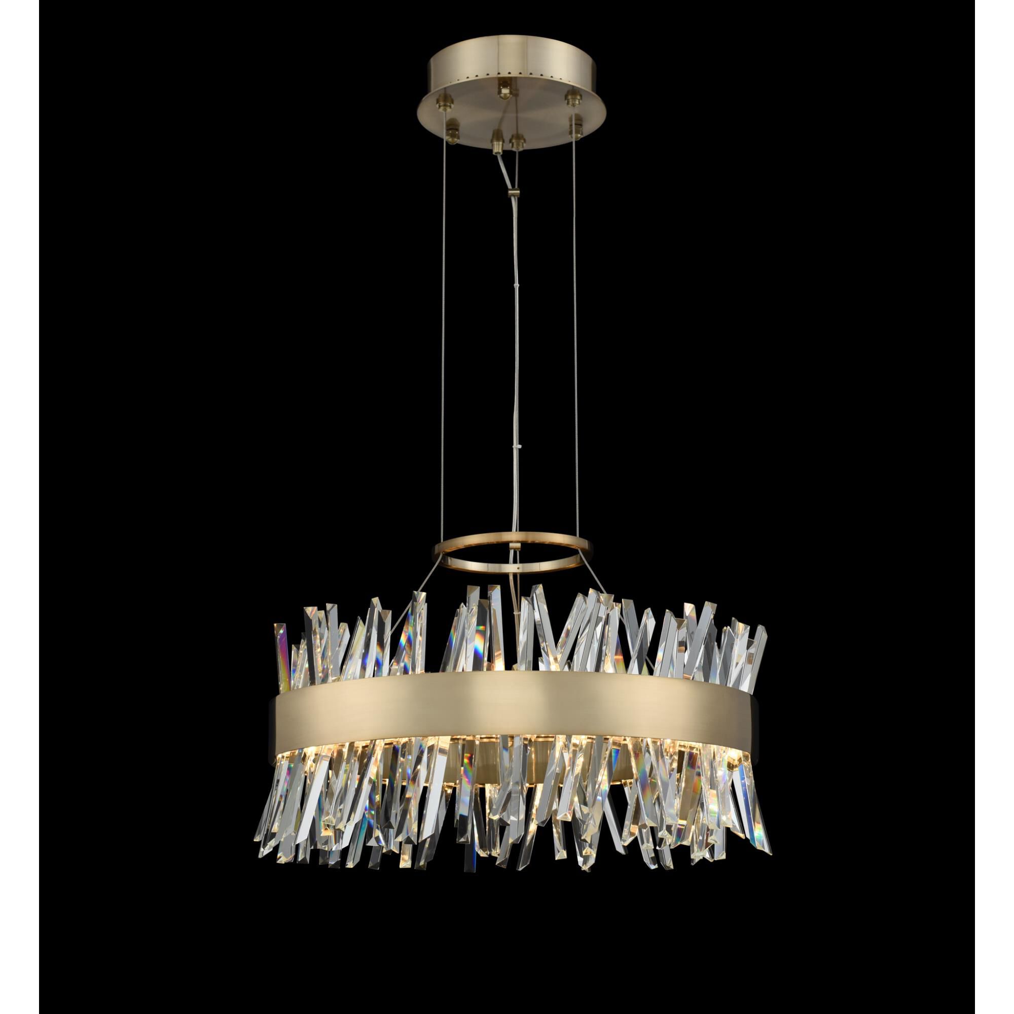 Shown in Brushed Champagne Gold finish and Firenze  Spears crystal and Glacier  Glacier glass