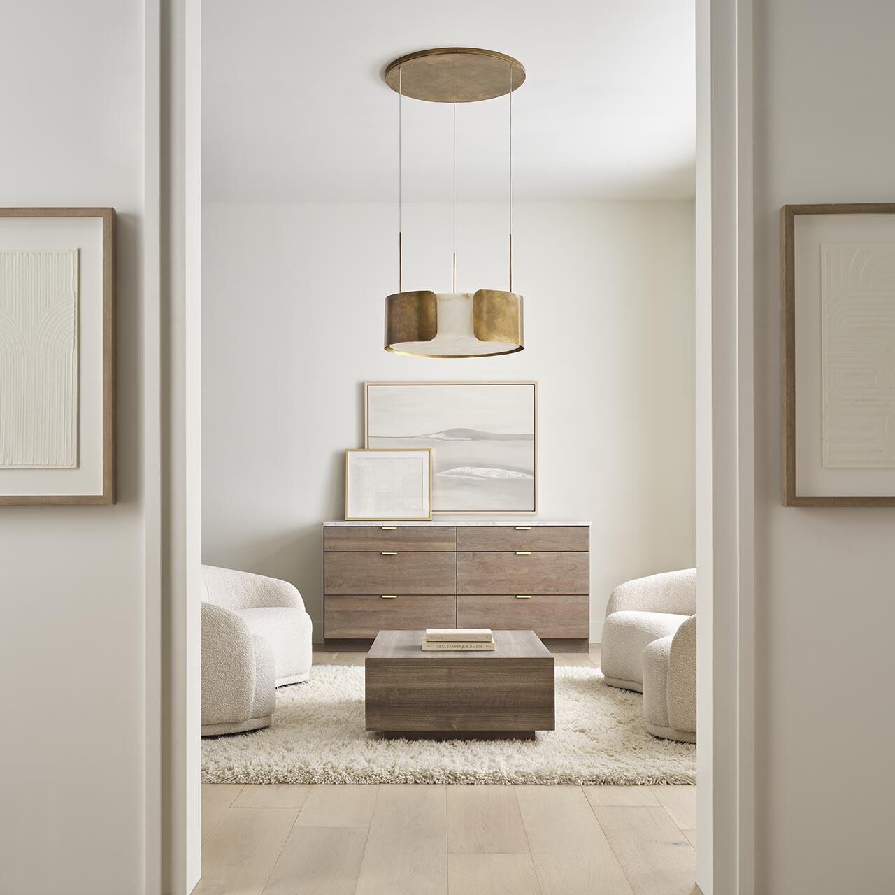 Shown in Mottled Brass finish and Alabaster shade