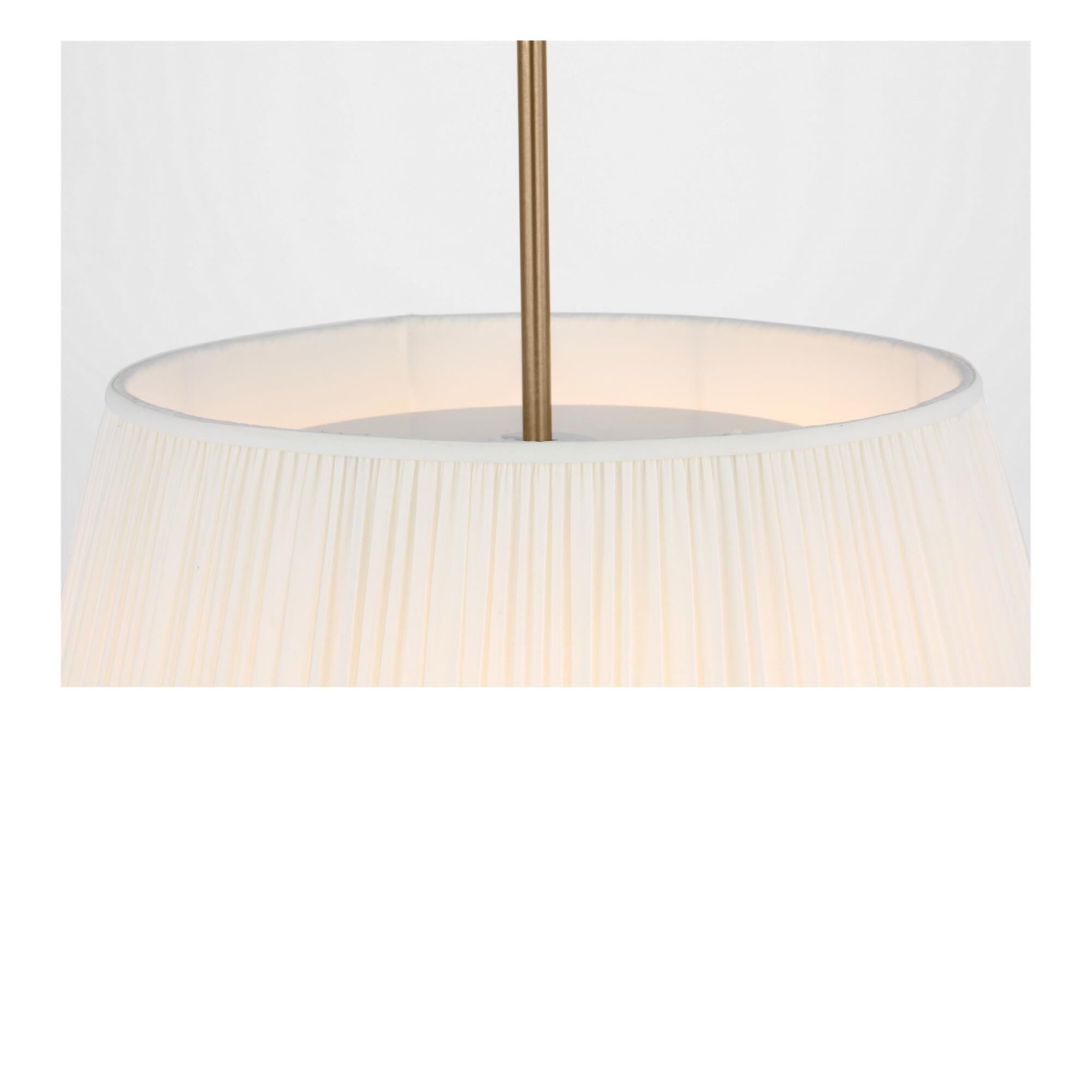 Shown in Satin Brass finish and Mushroom Pleat Fabric shade