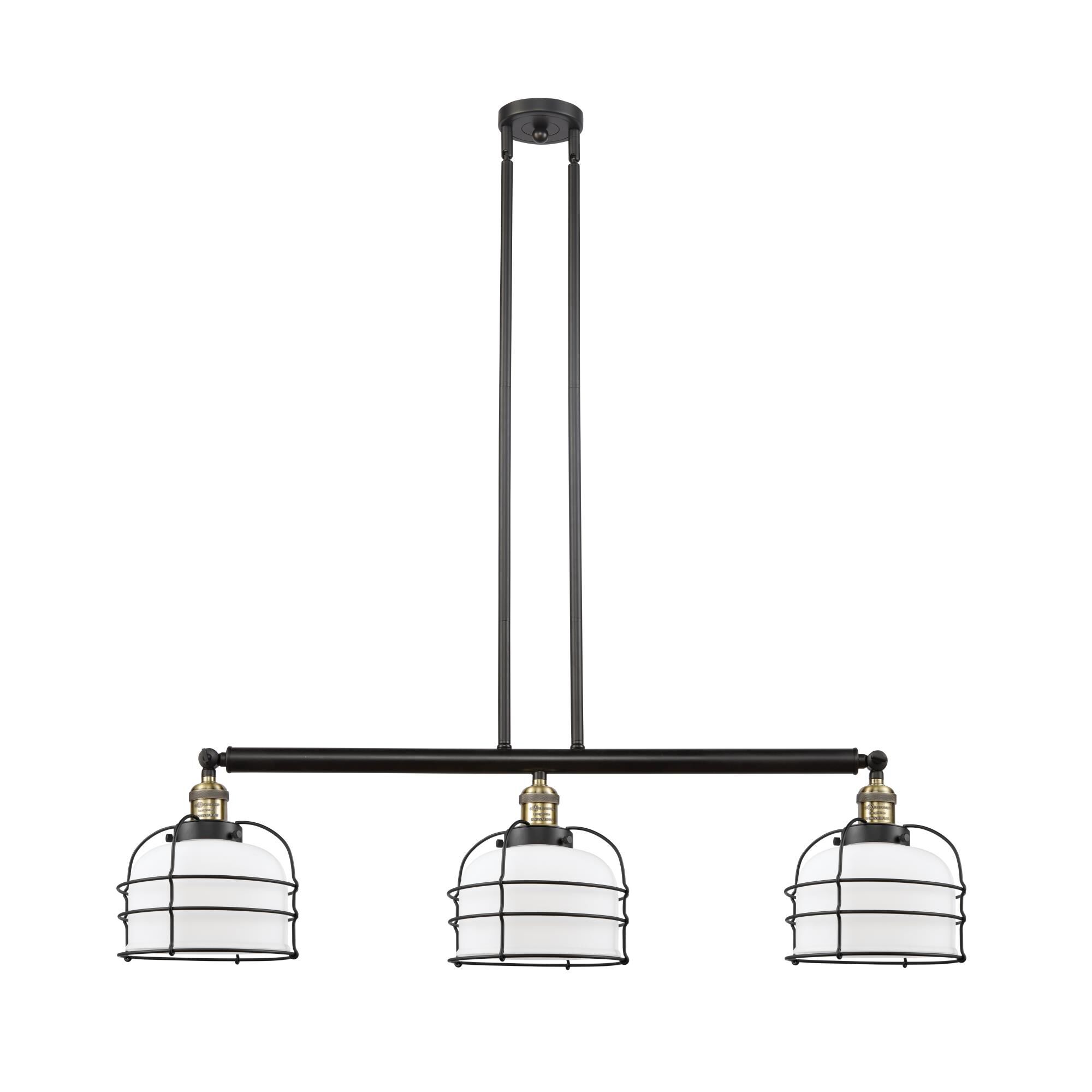 Shown in Black Antique Brass finish and Matte White Cased Large Bell Cage glass and Matte Black accent