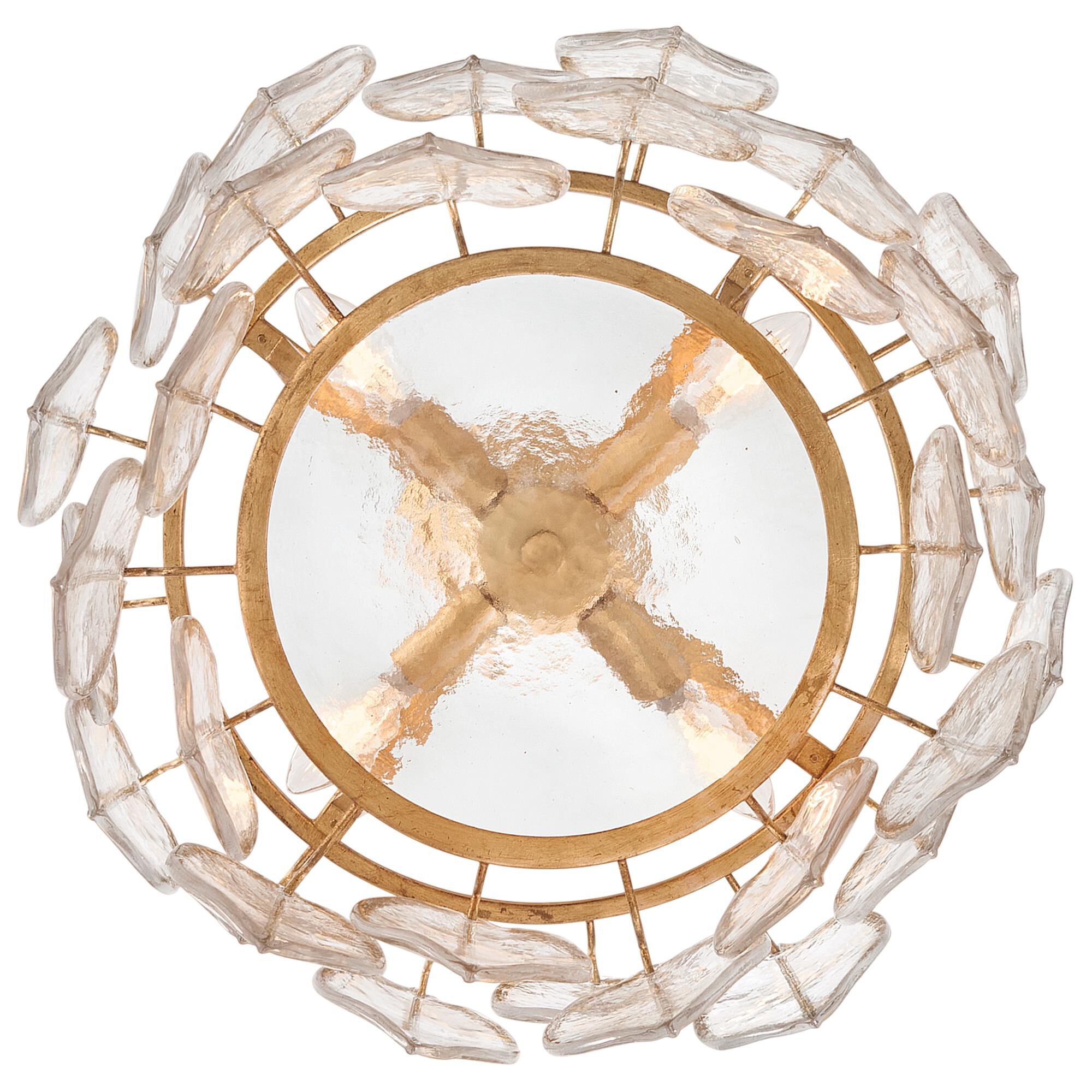 Shown in Distressed Brass finish and Clear Pressed glass