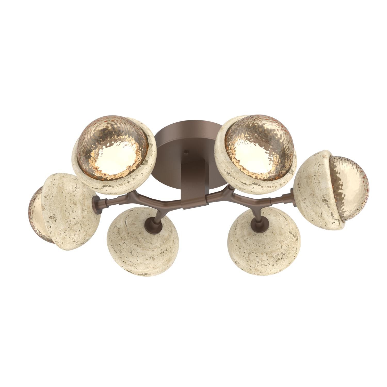 Shown in Burnished Bronze finish and Amber glass and Travertine Stone accent