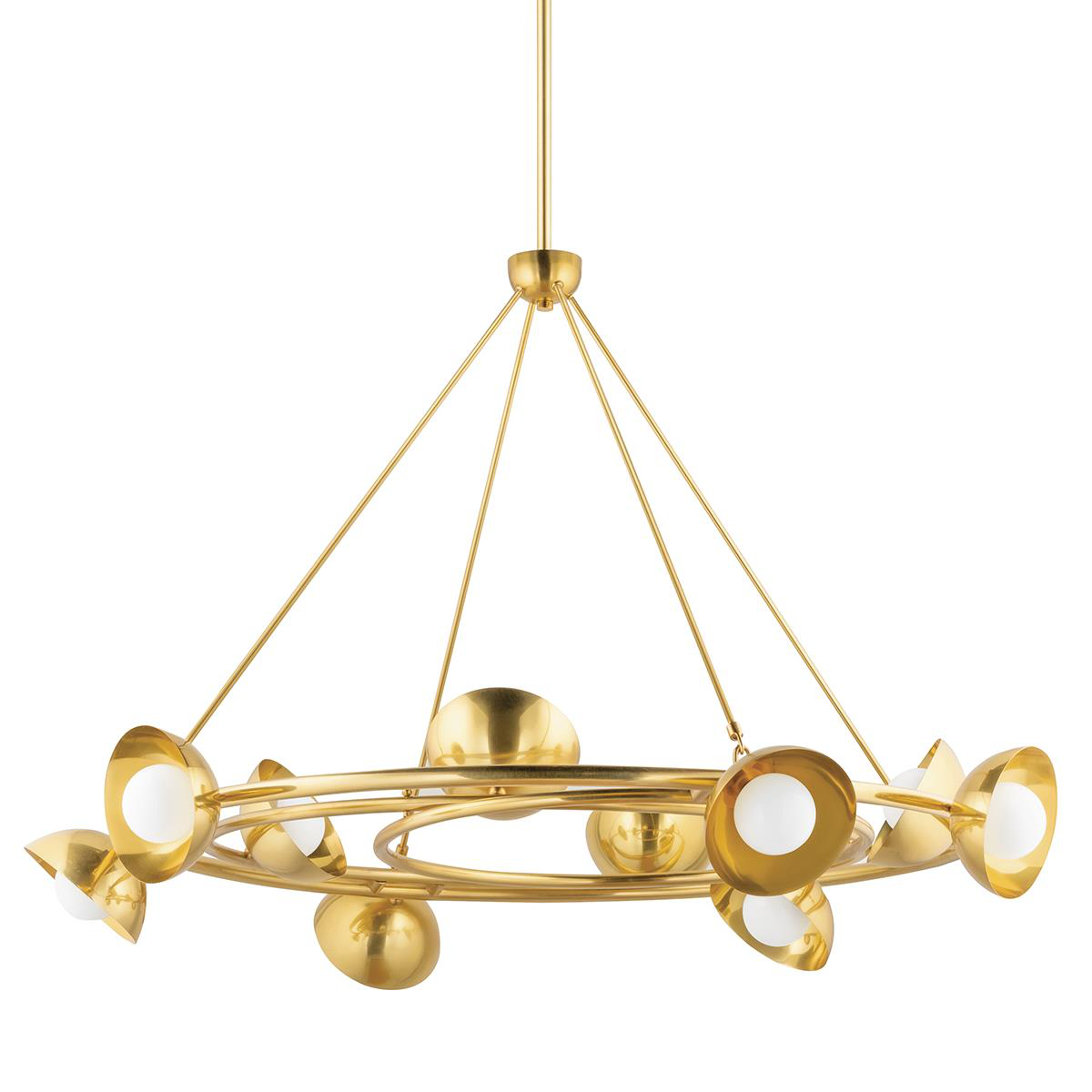 Shown in Vintage Brass finish and White glass