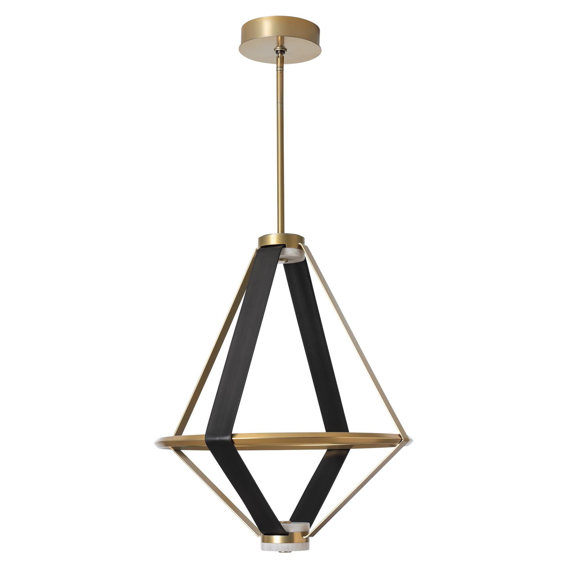 Shown in Modern Brass finish and Black Leather accent