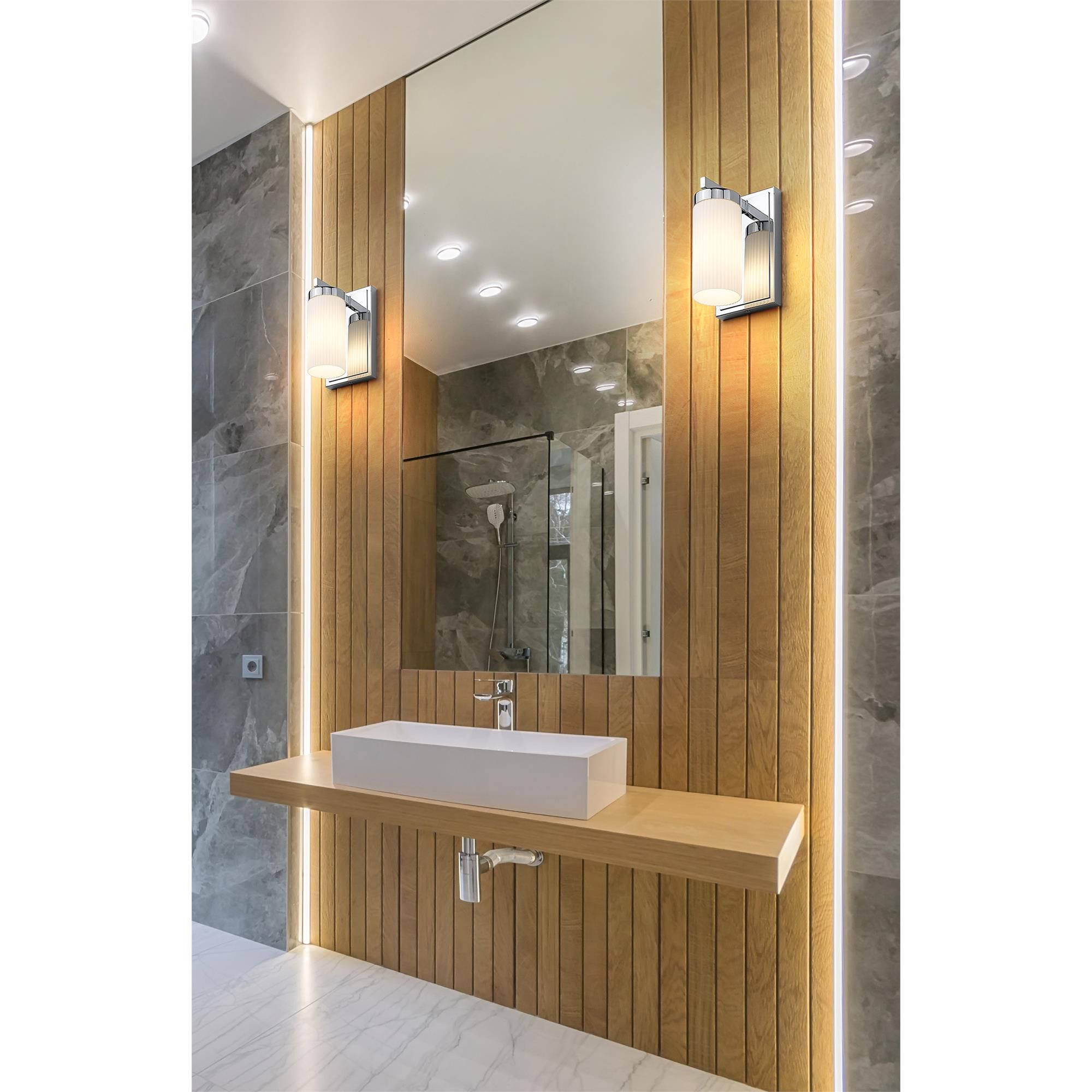 Shown in Chrome finish and White glass and White shade