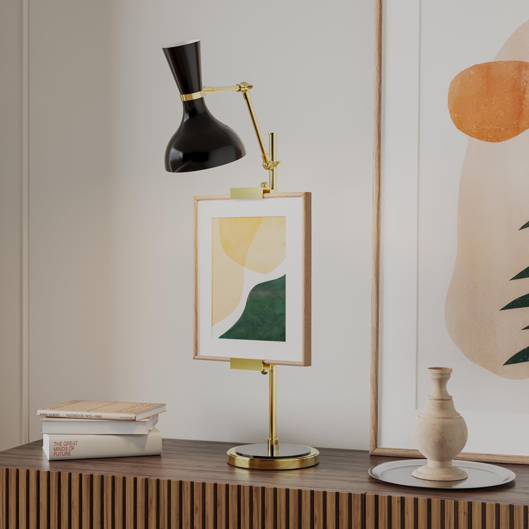 Shown in Modern Brass finish and Obsidian shade