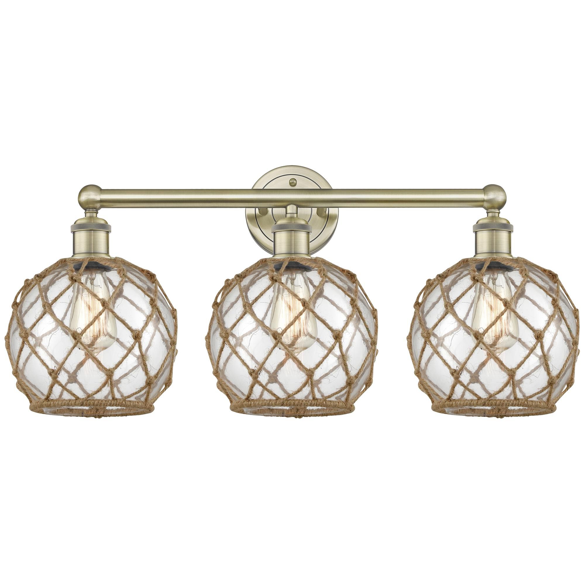 Shown in Antique Brass finish and Clear with Brown Rope glass