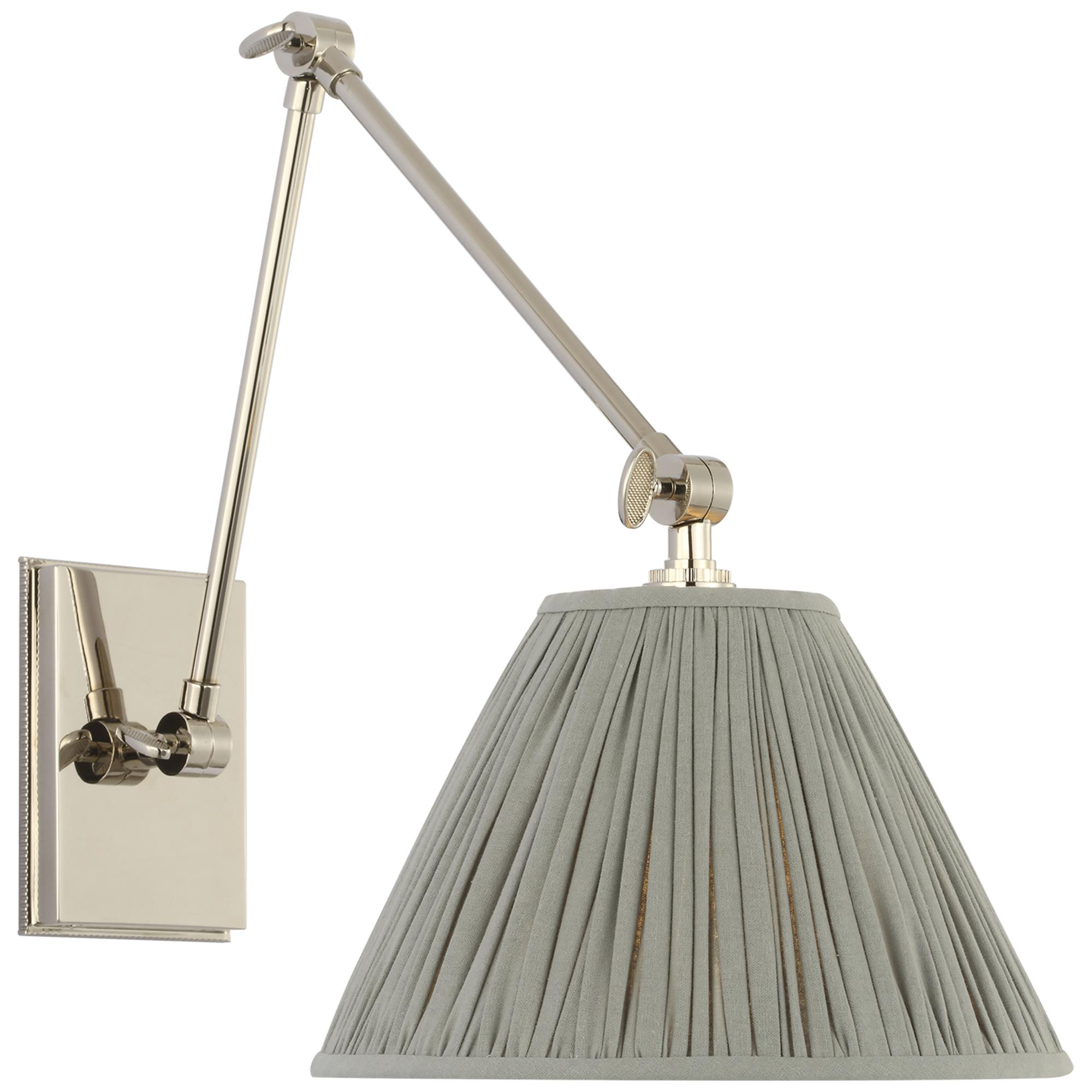 Shown in Polished Nickel finish and Blue Linen Pleated shade