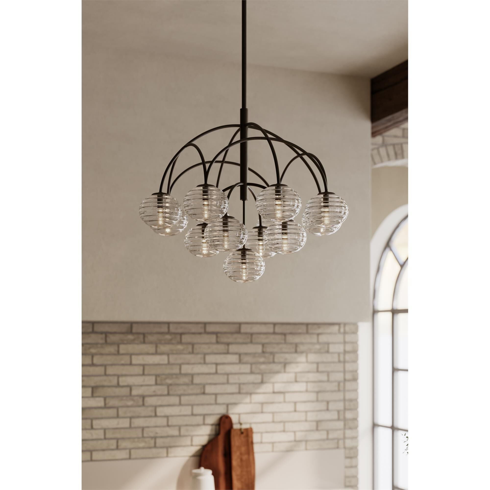 Shown in Dark Bronze finish and Clear Ribbed glass
