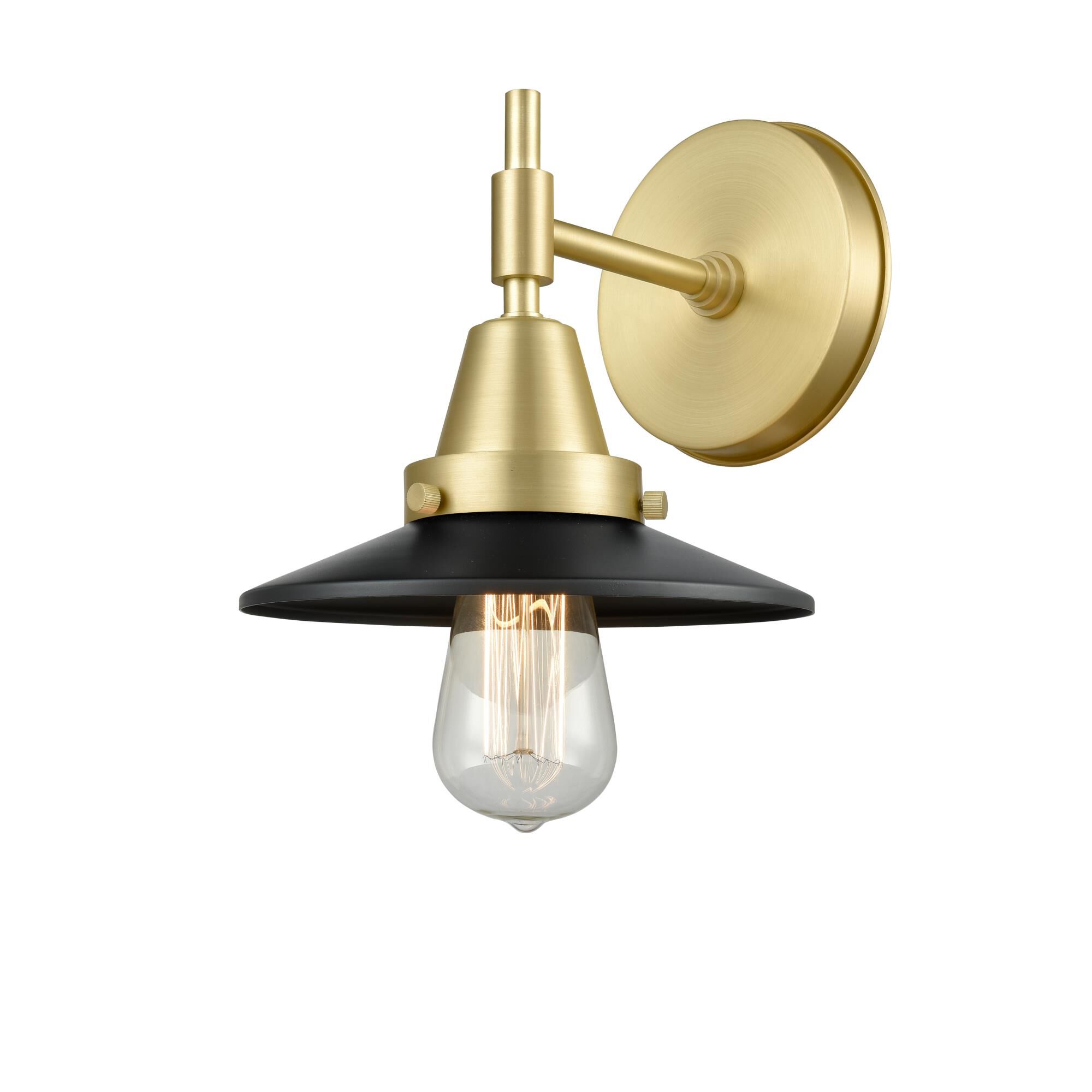 Shown in Satin Brass finish and Matte Black Railroad shade