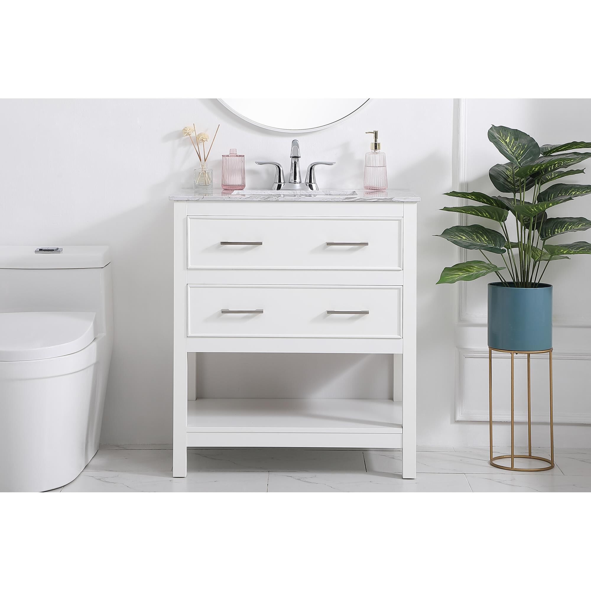 Shown in White And Brushed Nickel With Calacatta Quartz finish