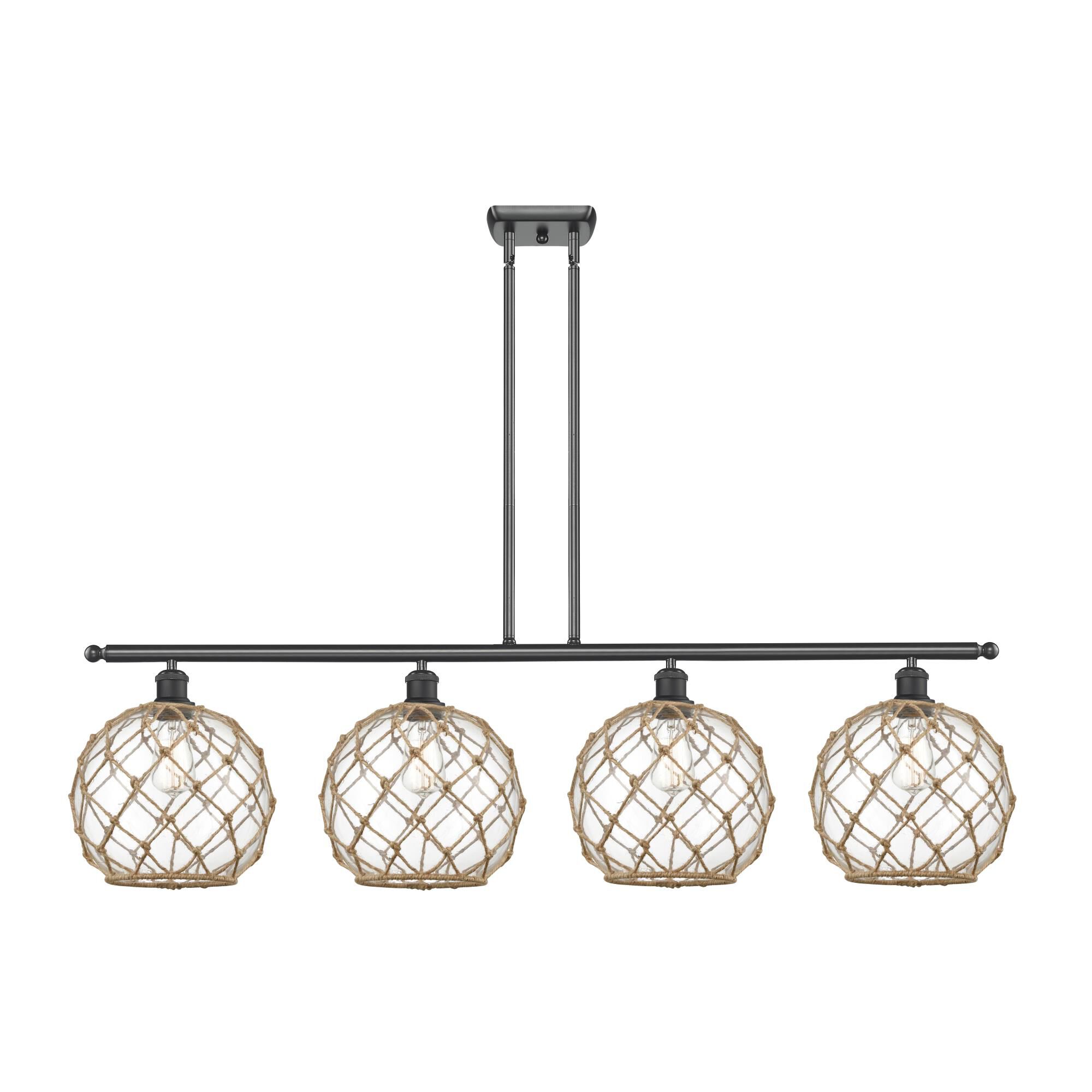 Shown in Matte Black finish and Sphere glass and Glass And Rope shade