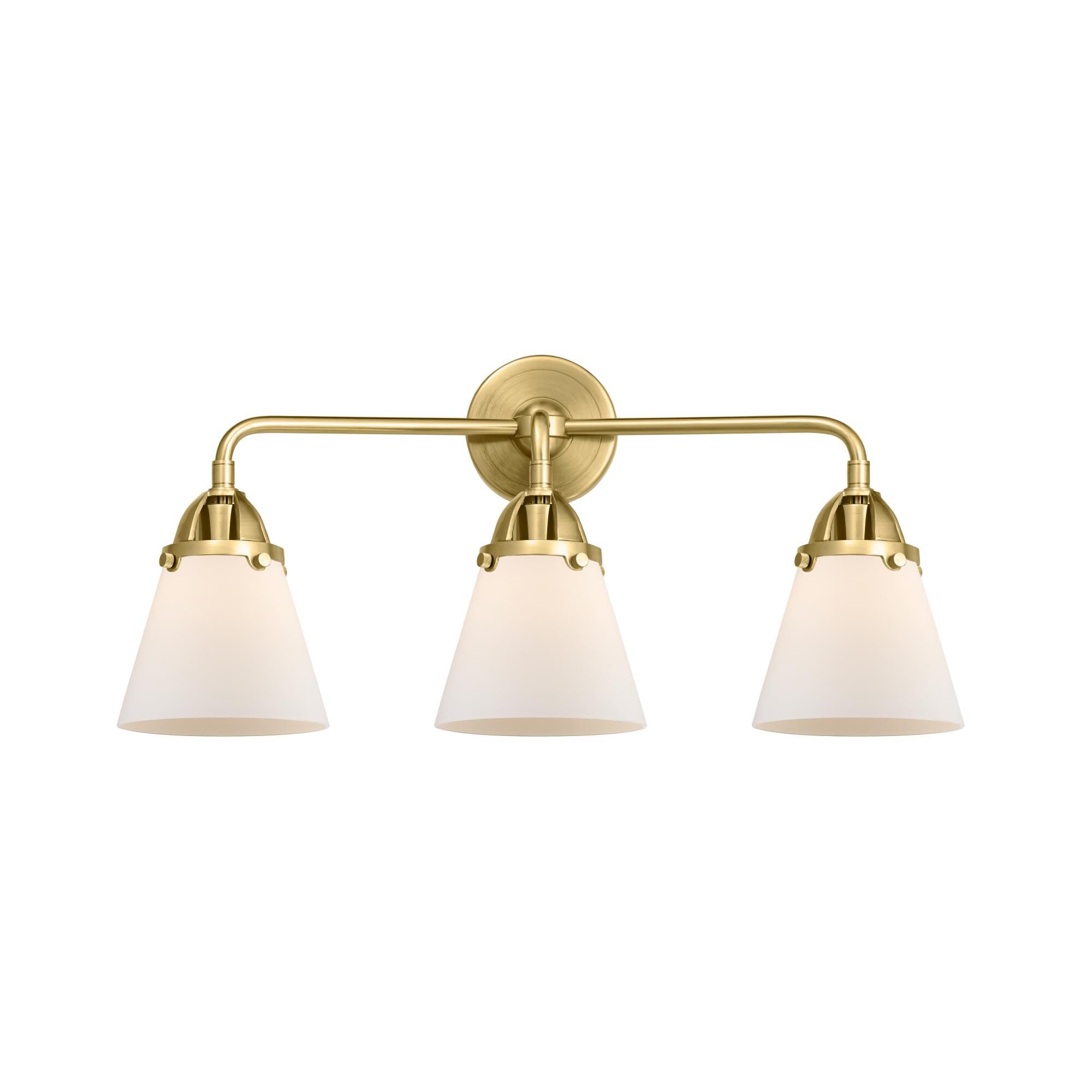 Shown in Satin Gold finish and Matte White Cased Small Cone glass and No Shade shade
