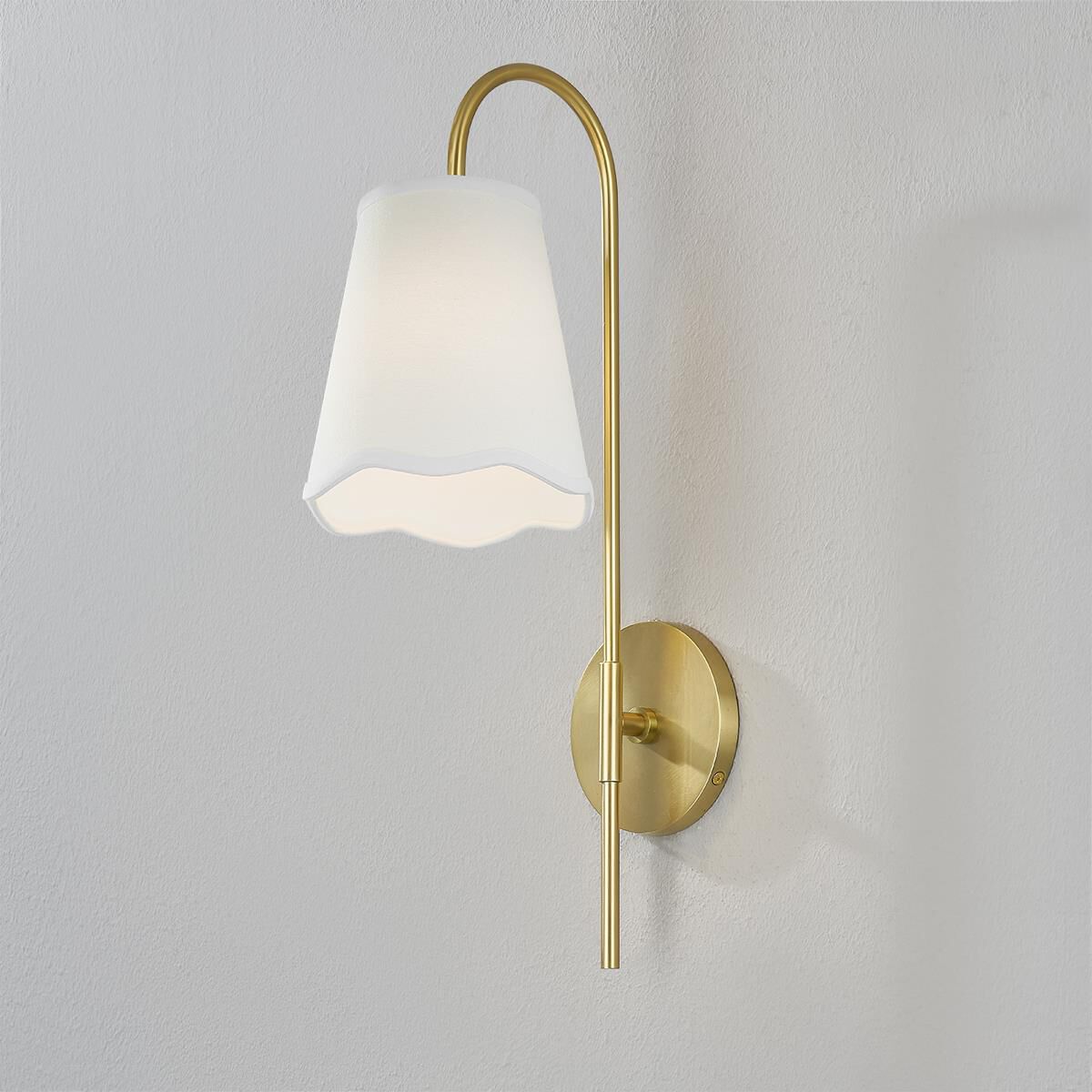 Shown in Aged Brass finish and White Linen shade