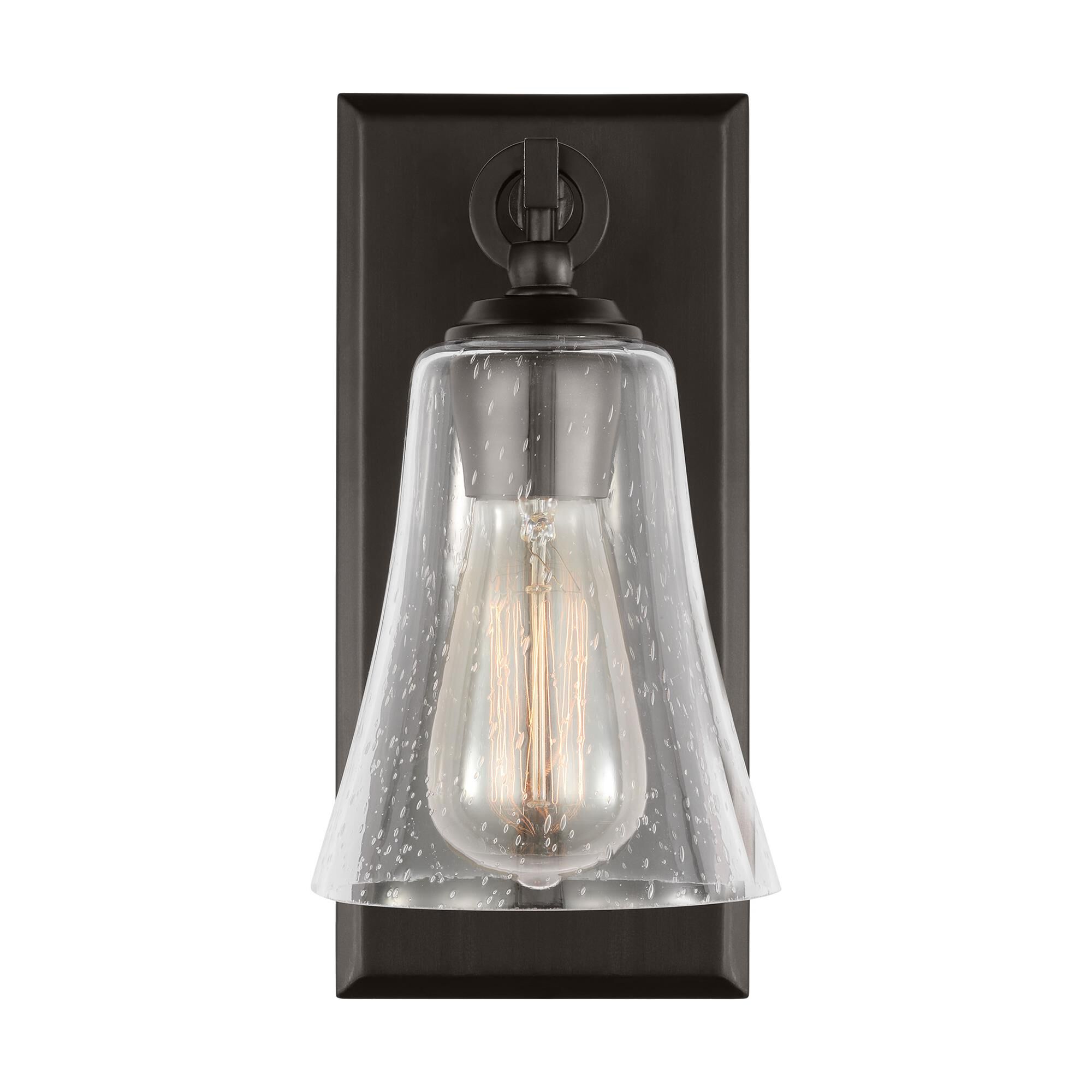 Shown in Aged Iron finish and Clear Seeded glass