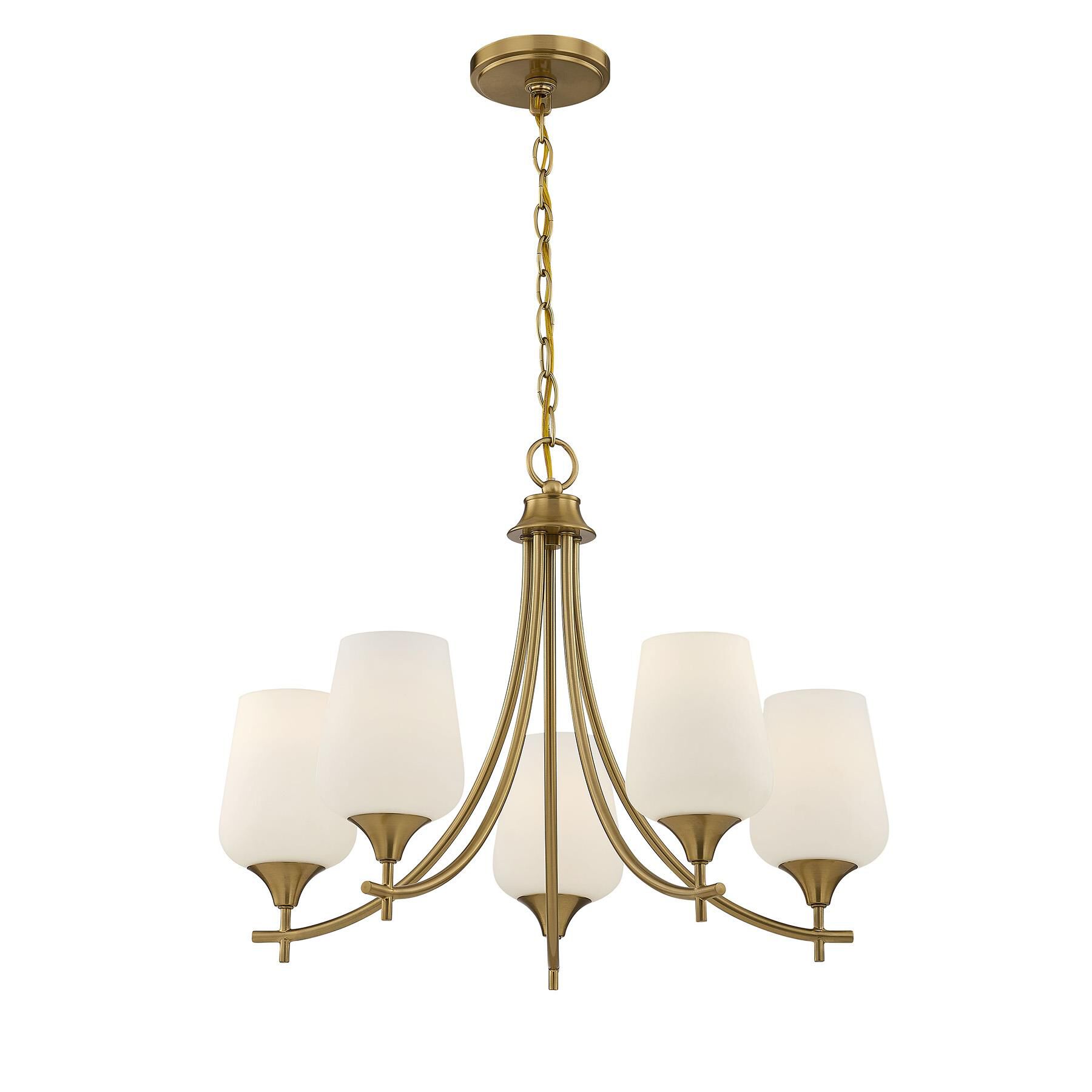 Shown in Warm Brass finish and White Opal glass