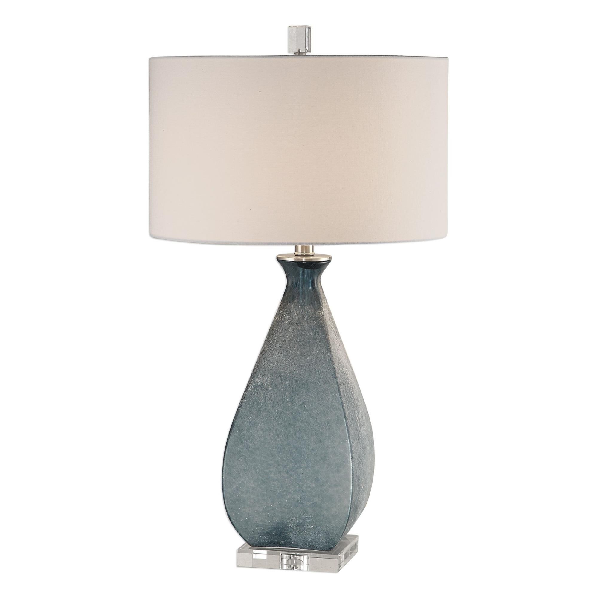 Shown in Deep Ocean Blue Glass With An Acid Etched Texture, Accented With Brushed Nickel Plated Details And A finish and Round Hardback Drum shade
