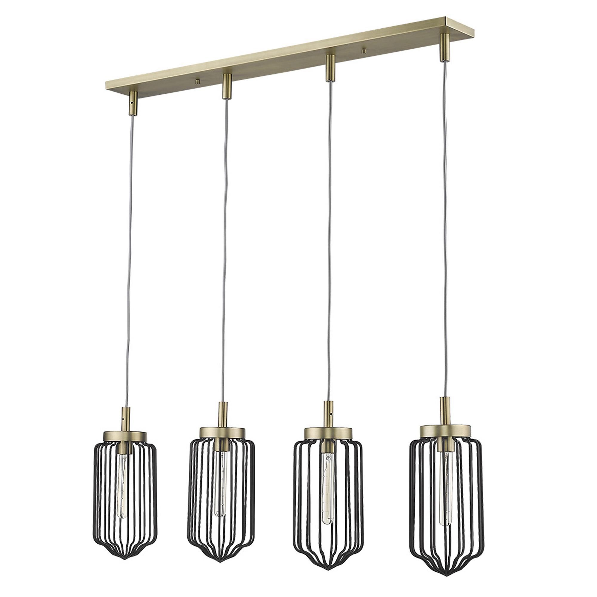 Shown in Aged Brass finish and Black glass and Black, Cylindrical Metal Cage s shade