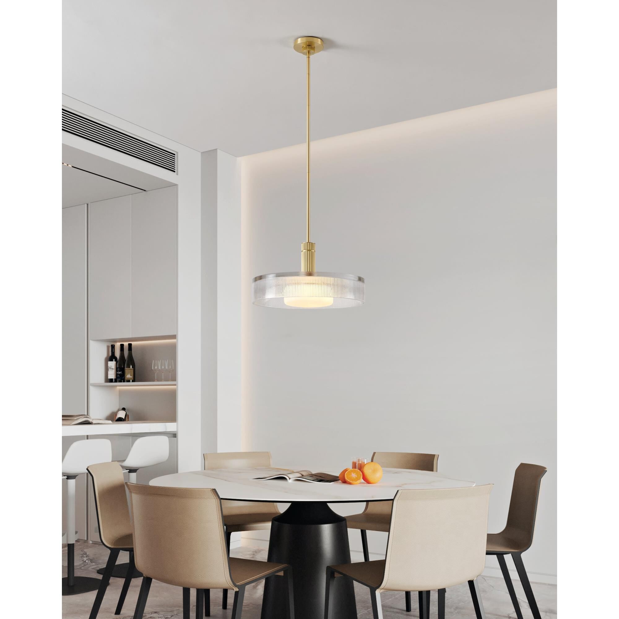 Shown in Champagne Gold finish and Clear Ribbed, Opal glass